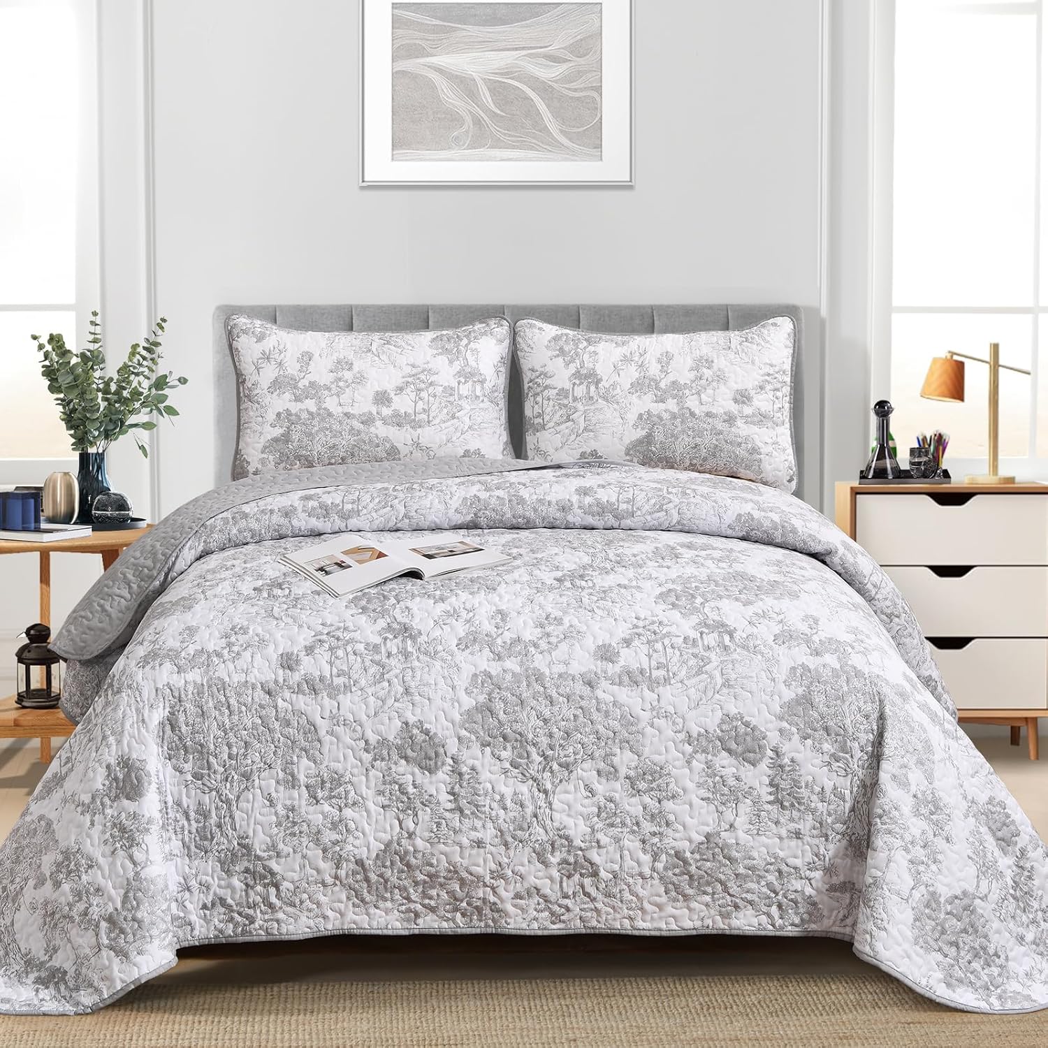 WONGS BEDDING Grey Quilt Set Queen 3 Piece Reversible