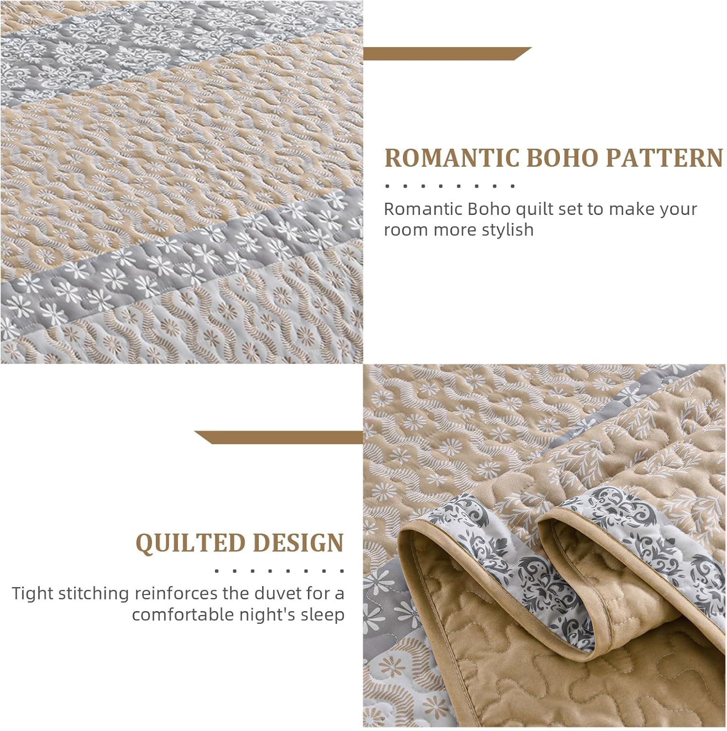 Boho Quilt Set King Size Beige Striped Coverlet 3 Pieces