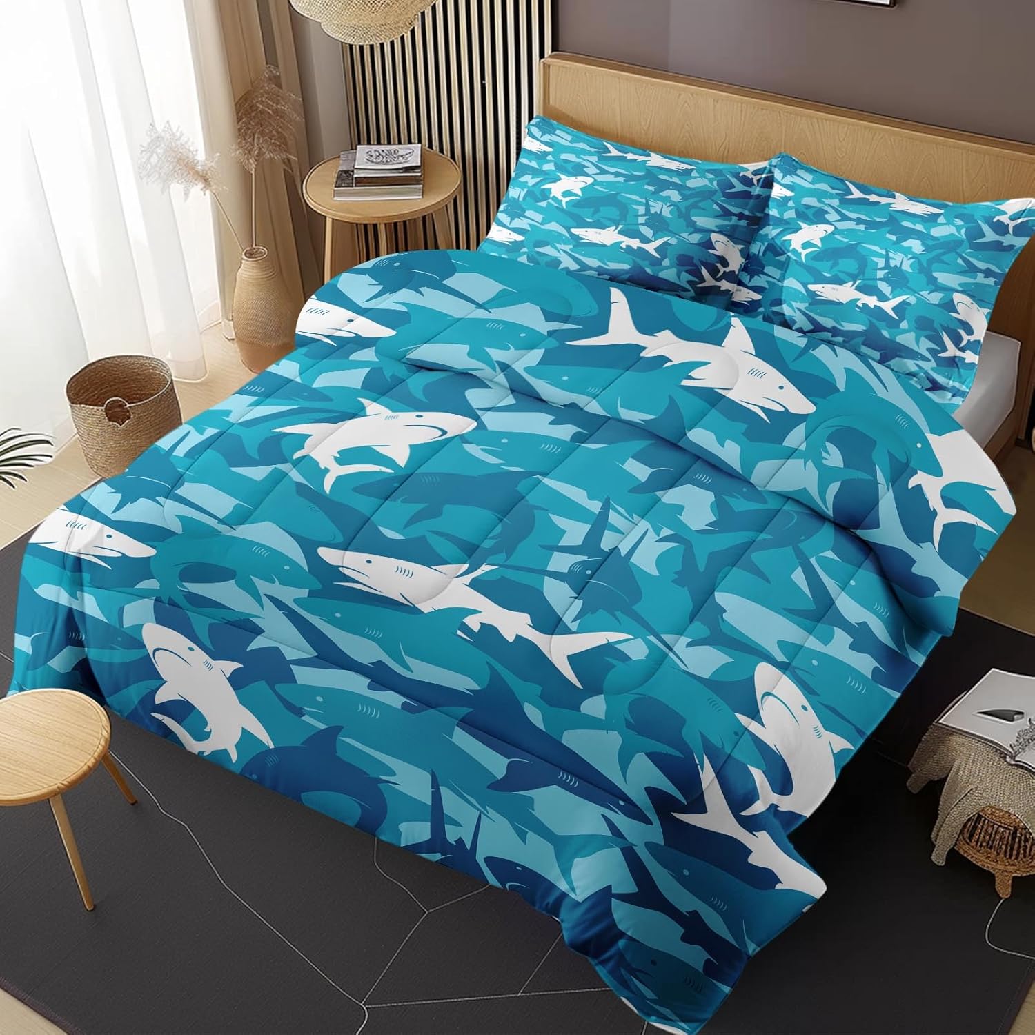 Blue Shark Fish Comforter Set 3 Piece
