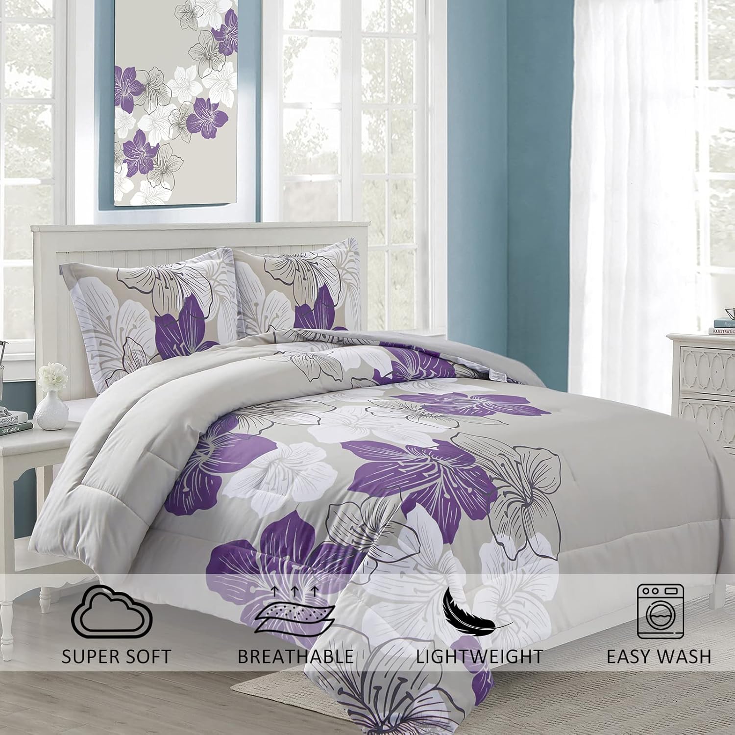 Menghomeus Purple Floral Comforter Set for California King