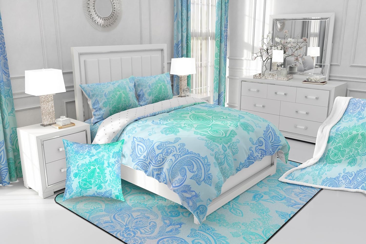 Erosebridal Boho Duvet Cover Set Teal Blue Green