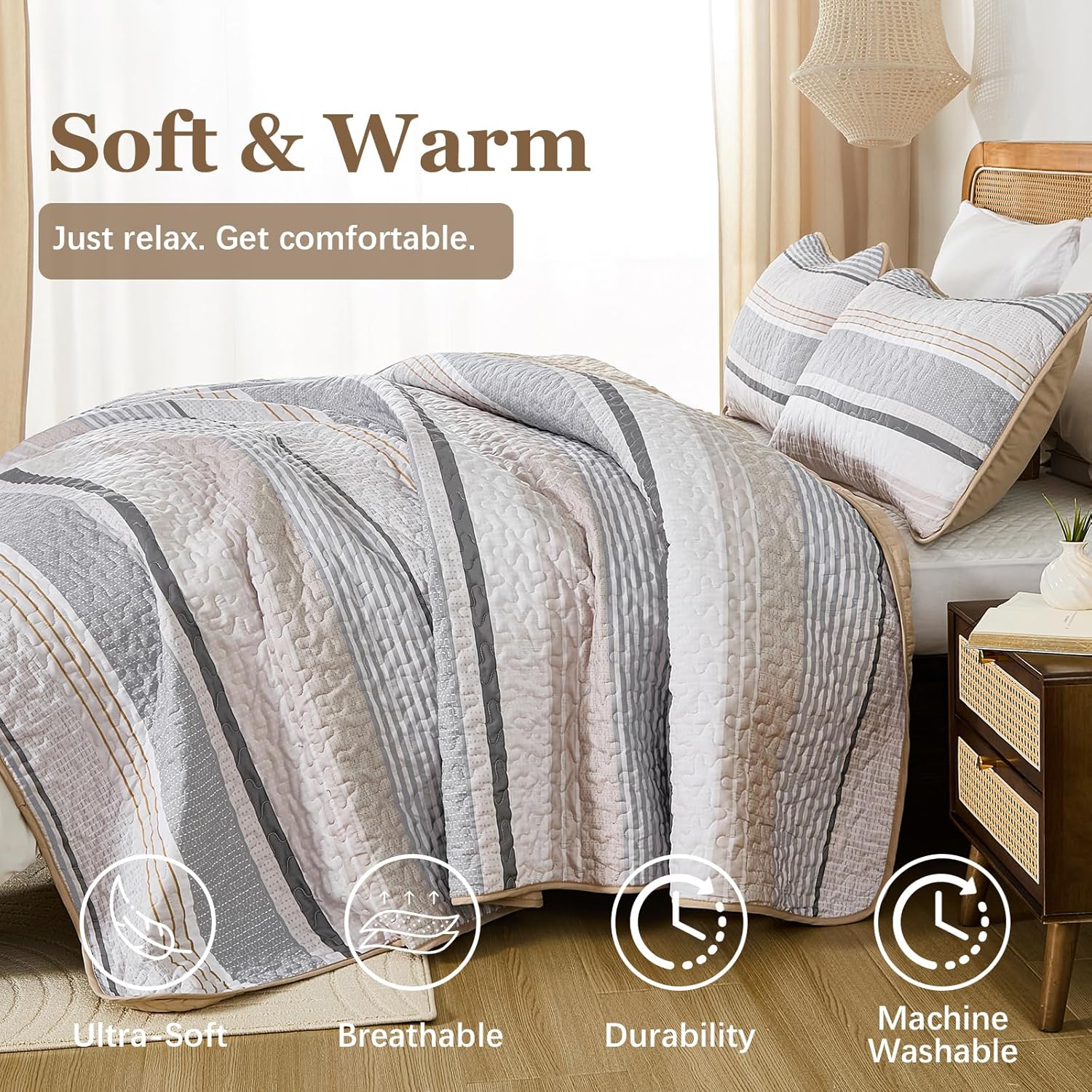 Dintszyayue Khaki Grey Queen Quilt Set 3 Piece
