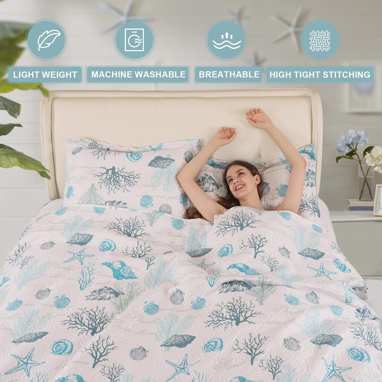 CHESITY 3-Piece Ocean Quilt Set Twin Size