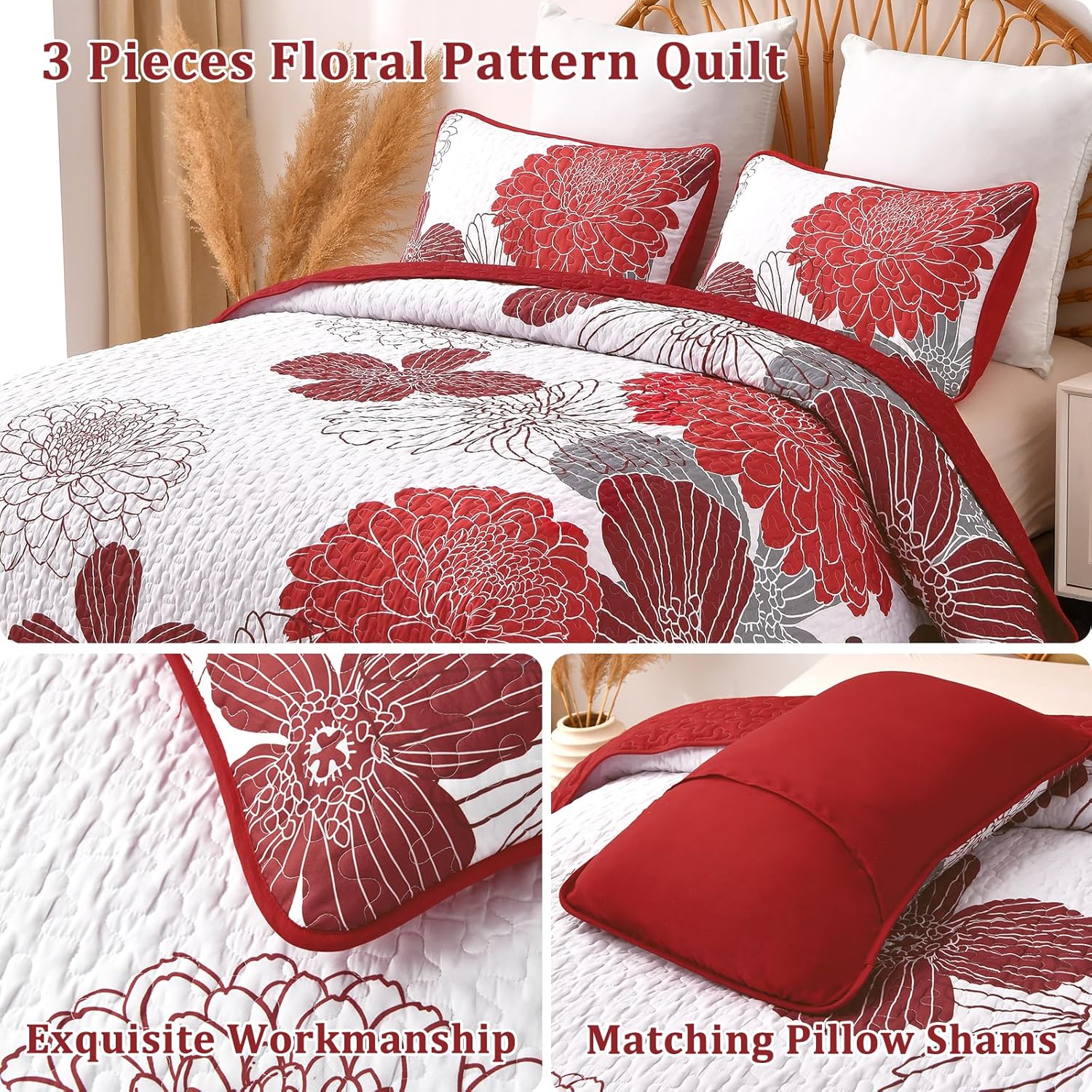 Anibedding Queen Quilt Set Red Floral Pattern 3 Piece
