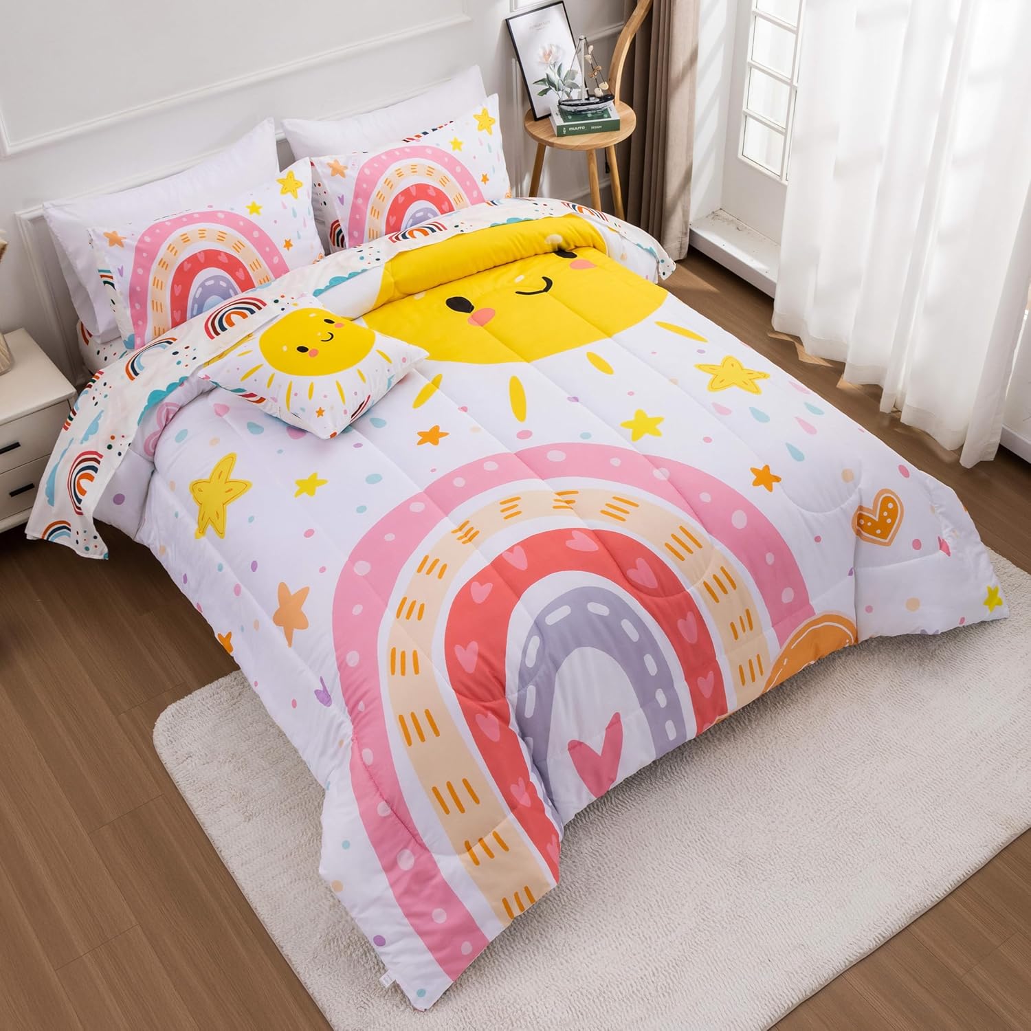 Btargot 5 Piece Pink Rainbow Comforter Set for Kids