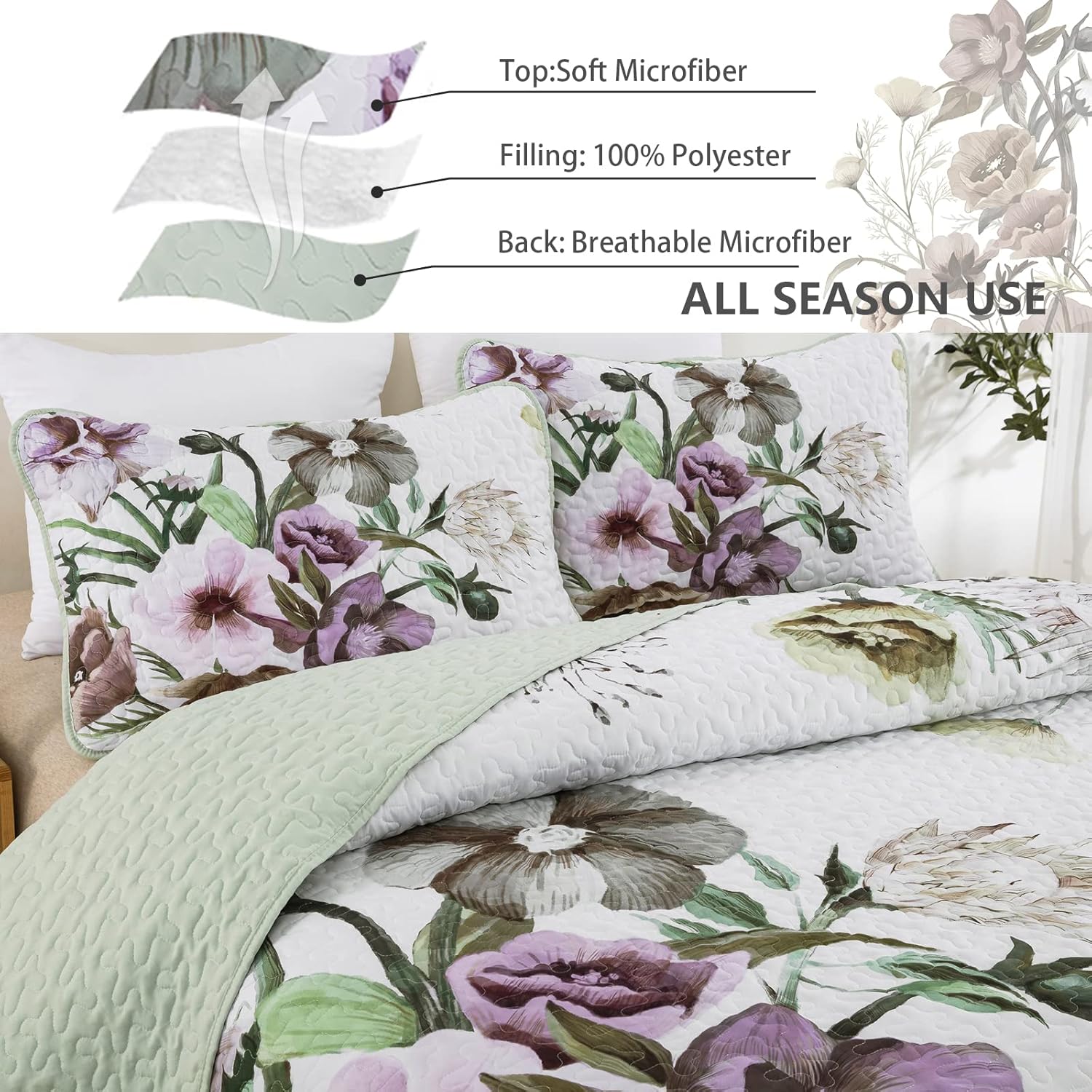 Drucon Floral Quilt Set 3 Piece King Size Boho