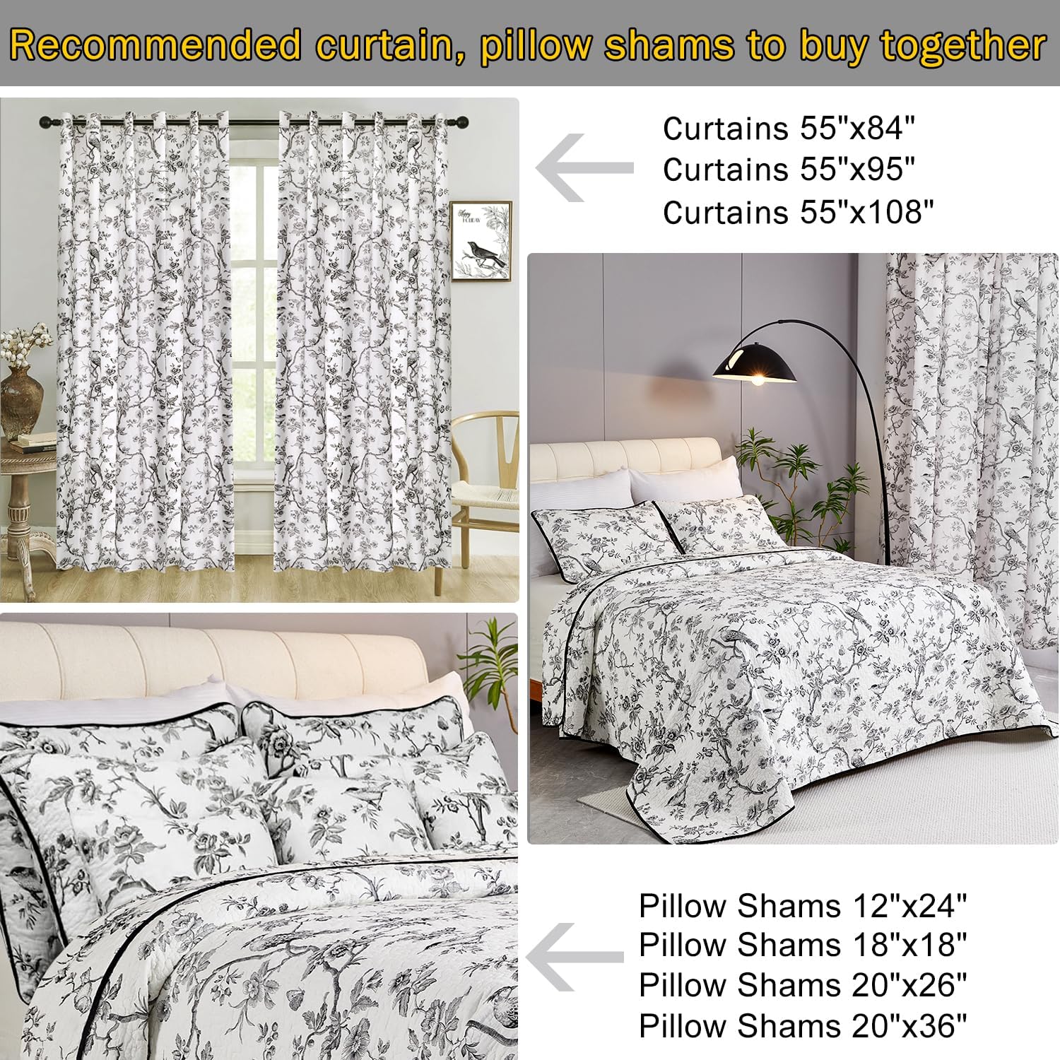 Evenhug 100 Cotton Reversible Quilt Set Queen Size Black Bird Pattern