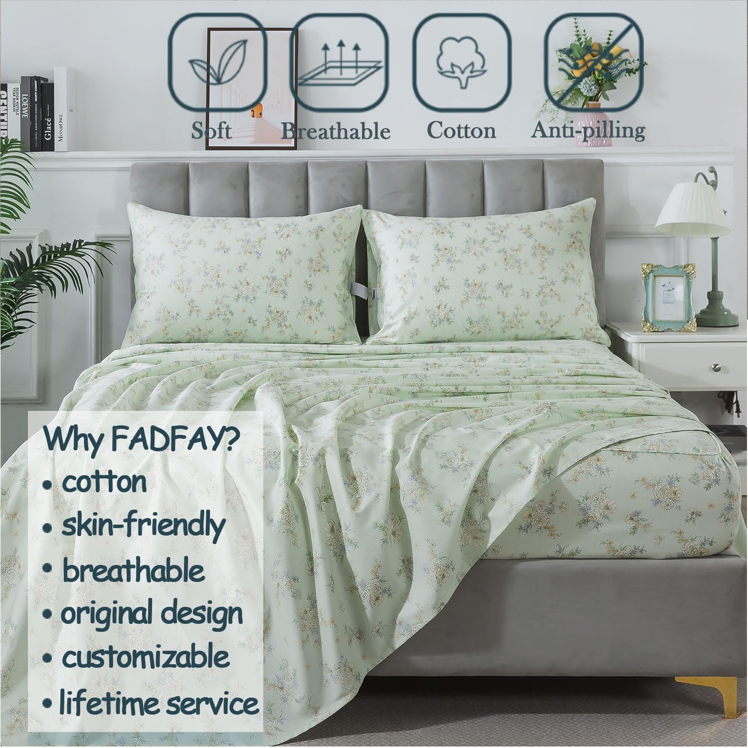 FADFAY Twin XL Floral Bed Sheet Set 4Pc