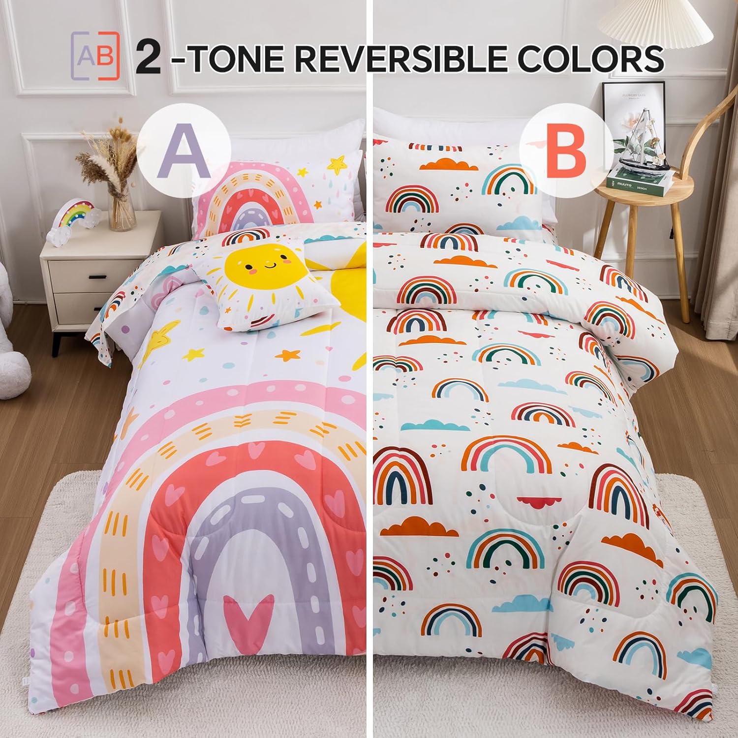 Btargot 5 Piece Pink Rainbow Comforter Set for Kids