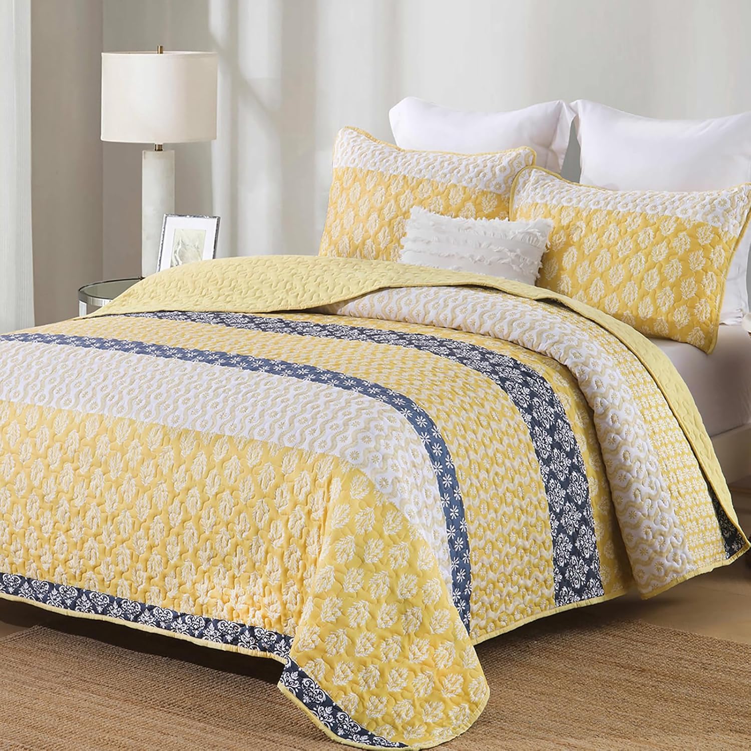Cottolester Boho Quilt Set Queen Size Yellow Striped