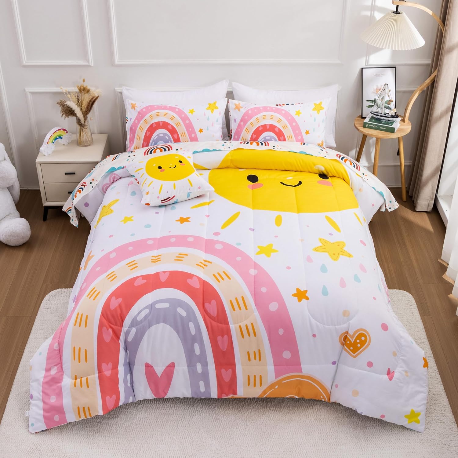 Btargot 5 Piece Pink Rainbow Comforter Set for Kids