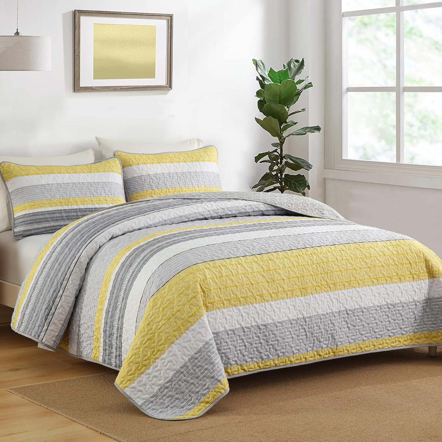 Djoymock Quilt Set Queen Size 3 Piece Fall Striped Bedding Set