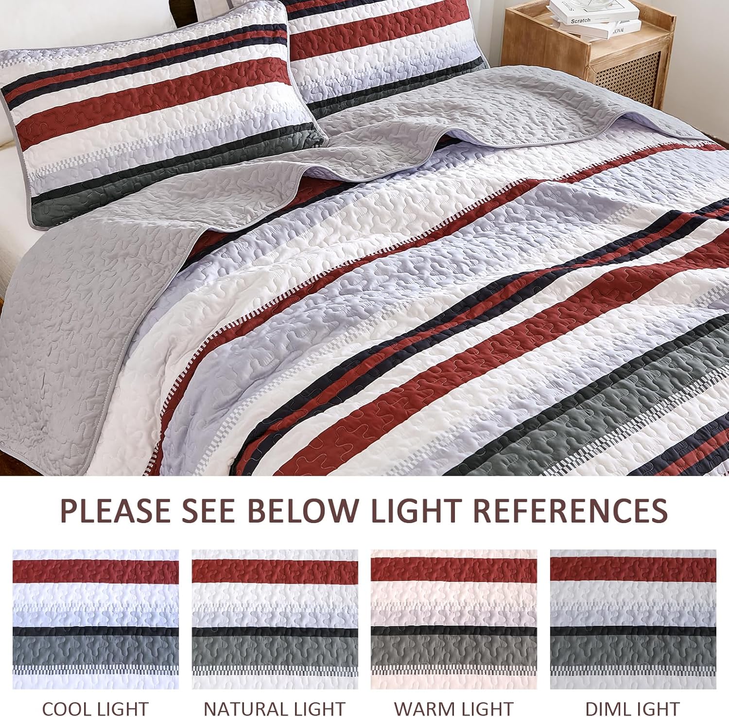 WONGS BEDDING Queen Size Red Striped Quilt Set