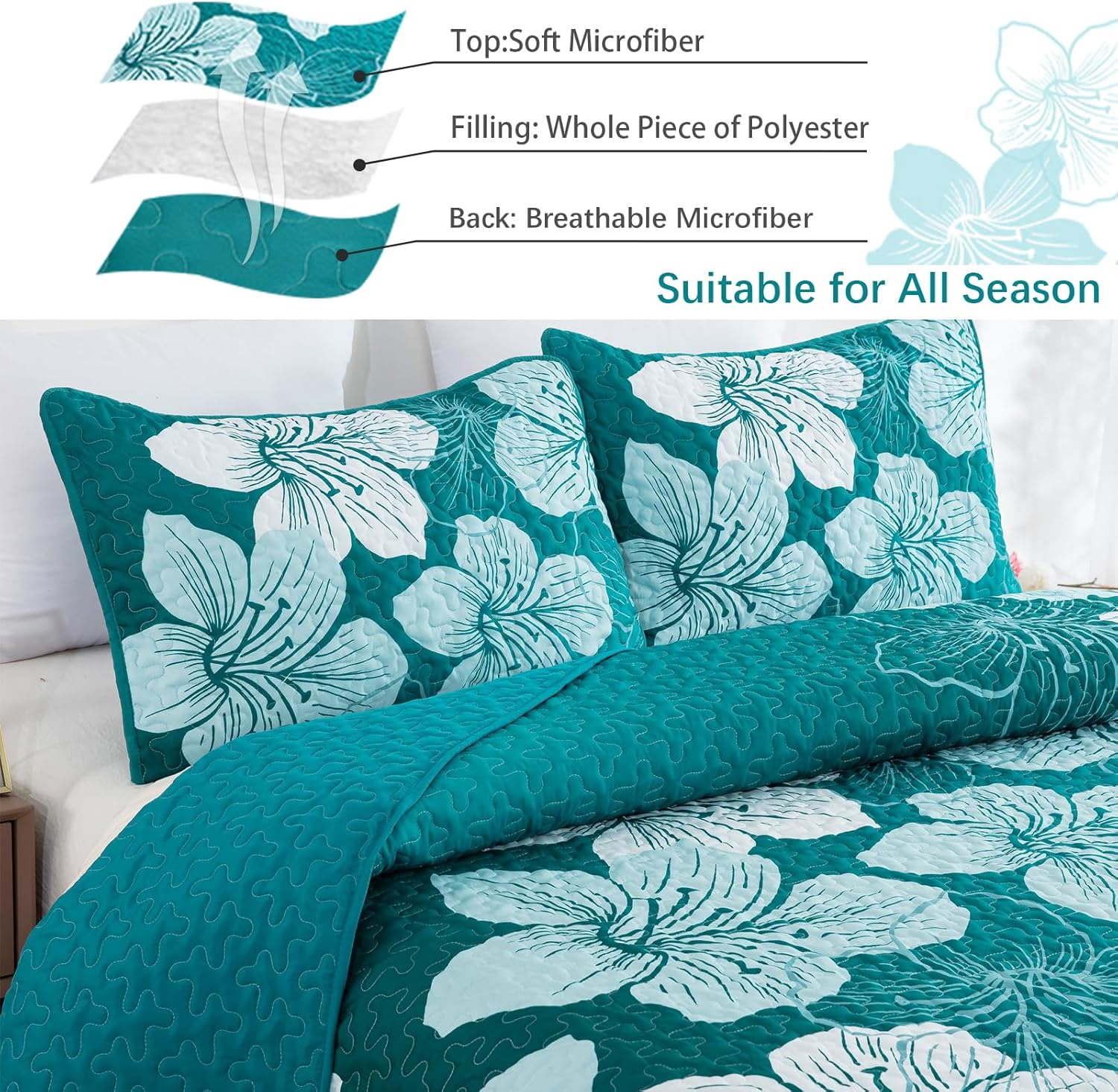DJYO Gradient Green Floral Quilt Set 3 Piece
