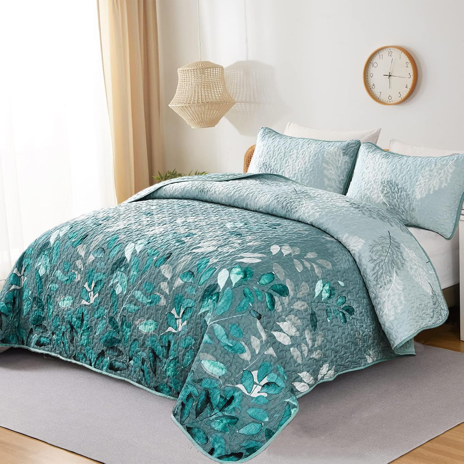 WONGS BEDDING Aqua Botanical Quilt Set Queen 3PC