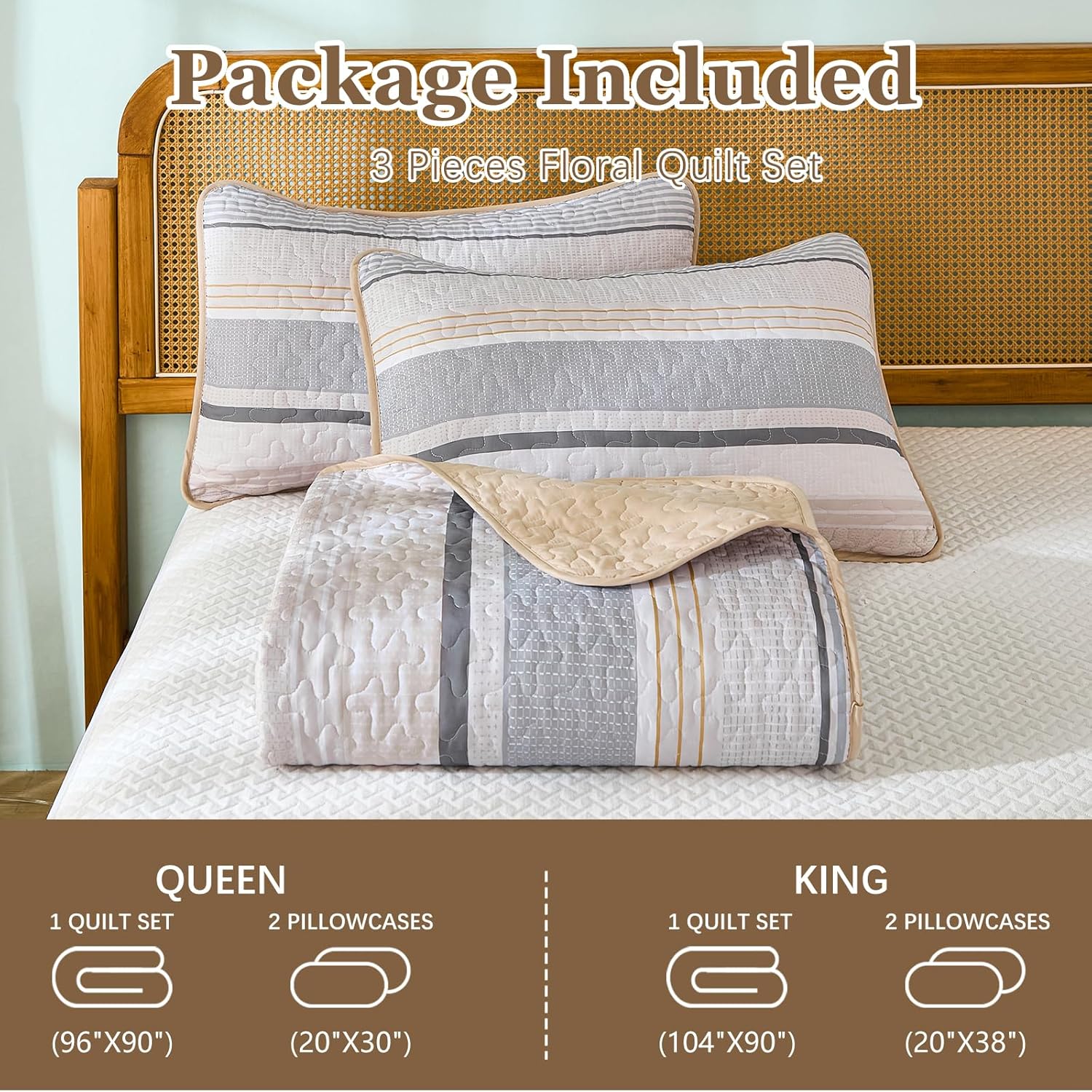 Dintszyayue Khaki Grey Queen Quilt Set 3 Piece