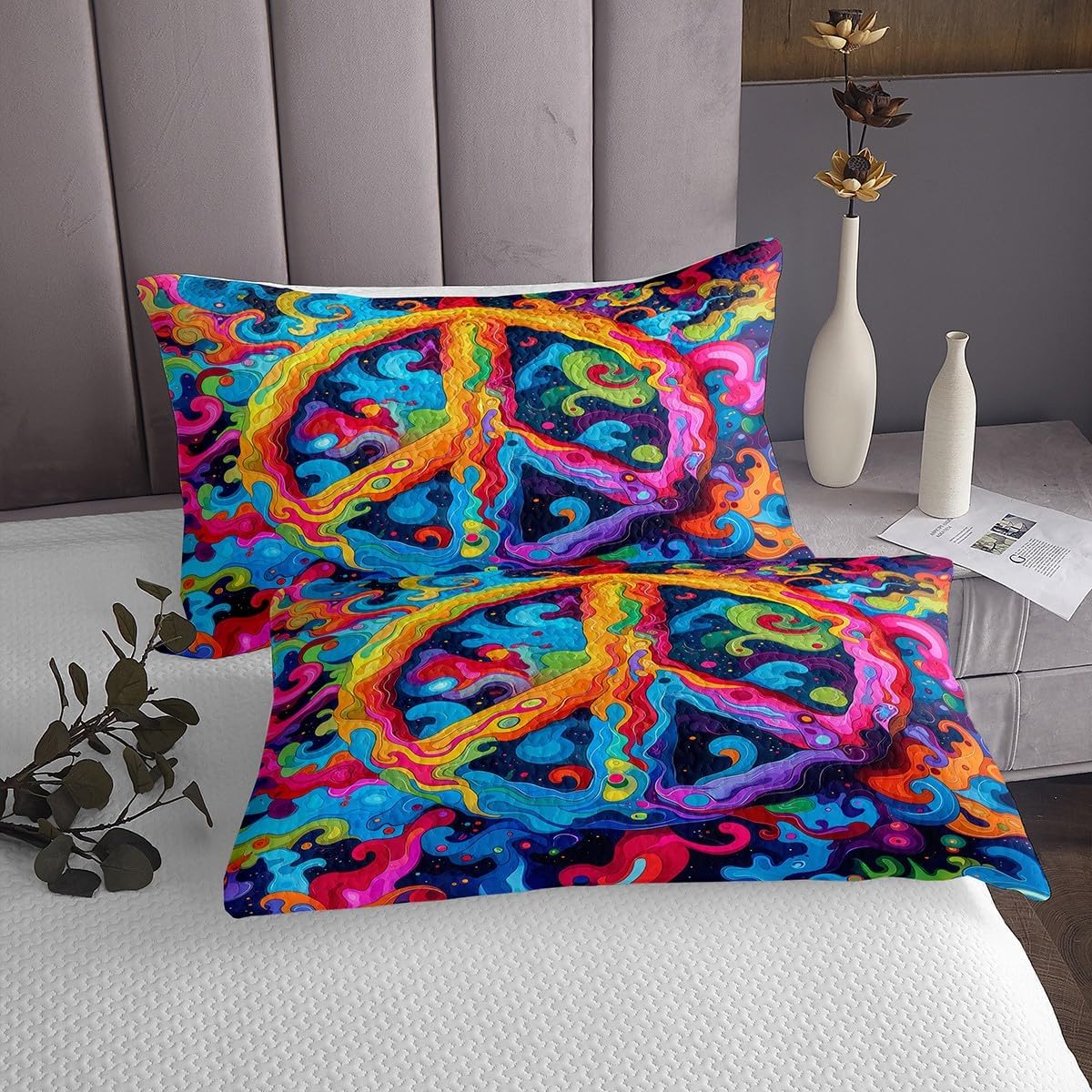 Erosebridal Tie Dye Bedspread Set Peace Sign 3D Bohemian Queen