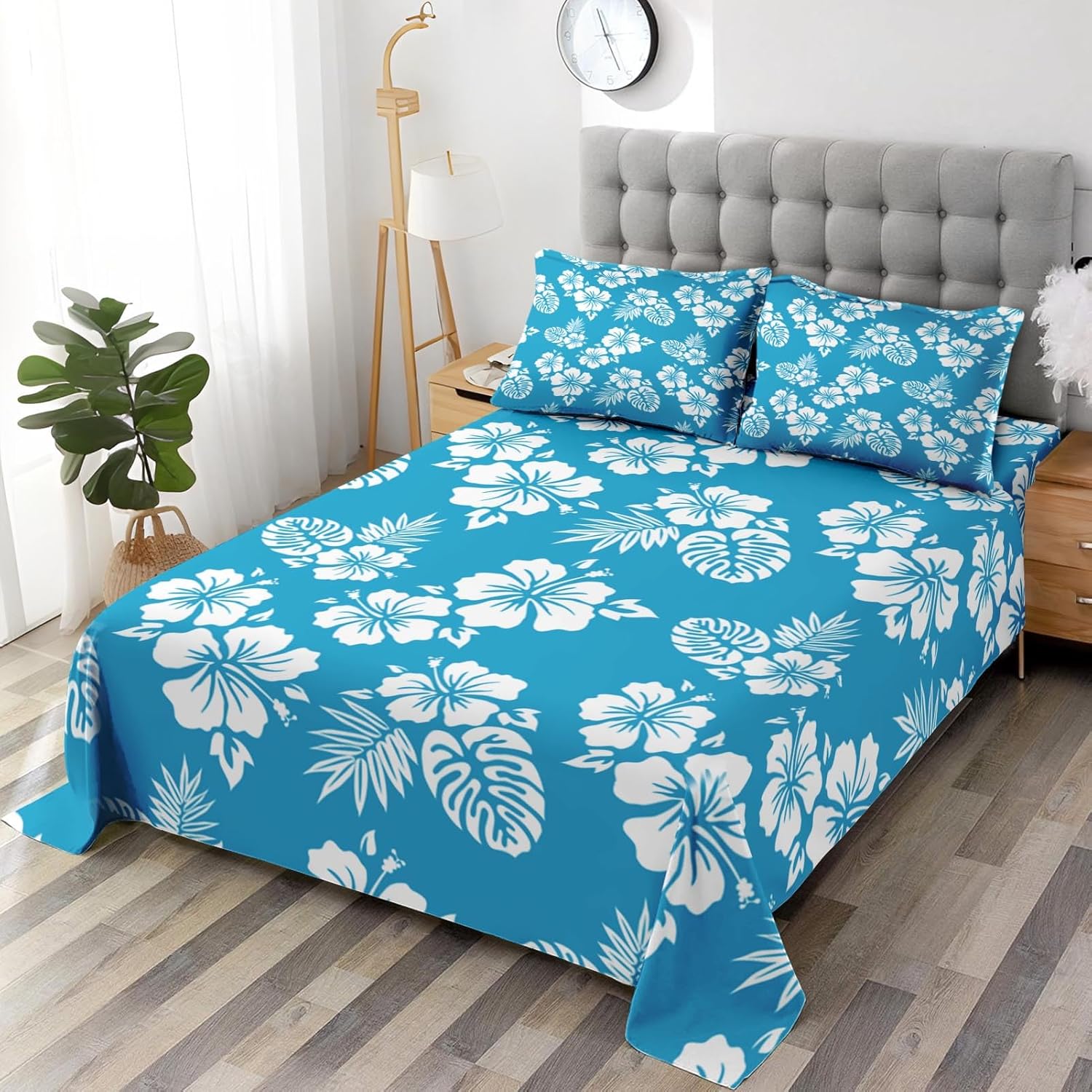 Pamnest King Size Microfiber Sheet Set with Hibiscus Pattern