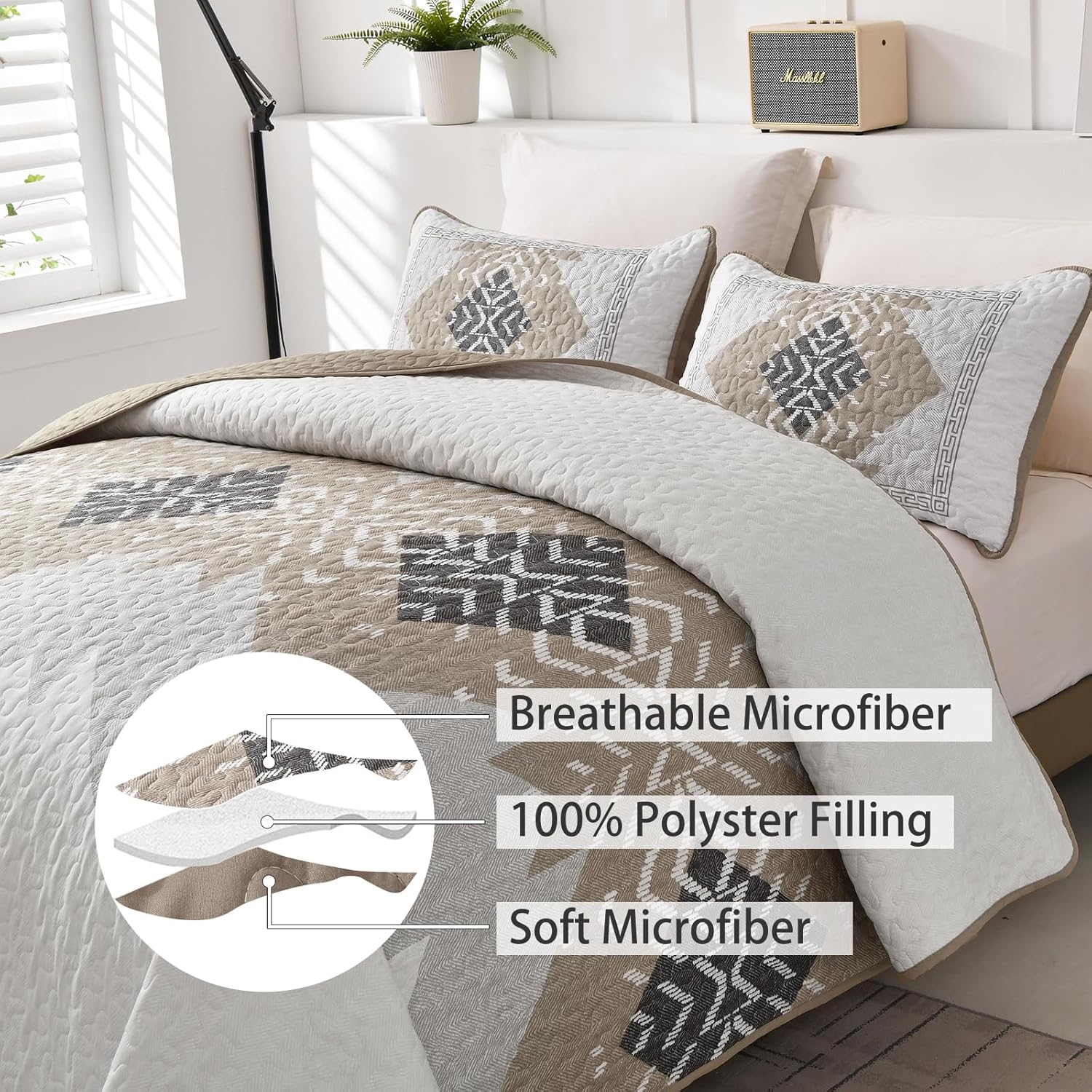 Dintszyayue Khaki Boho Quilt Set 3 Piece California King