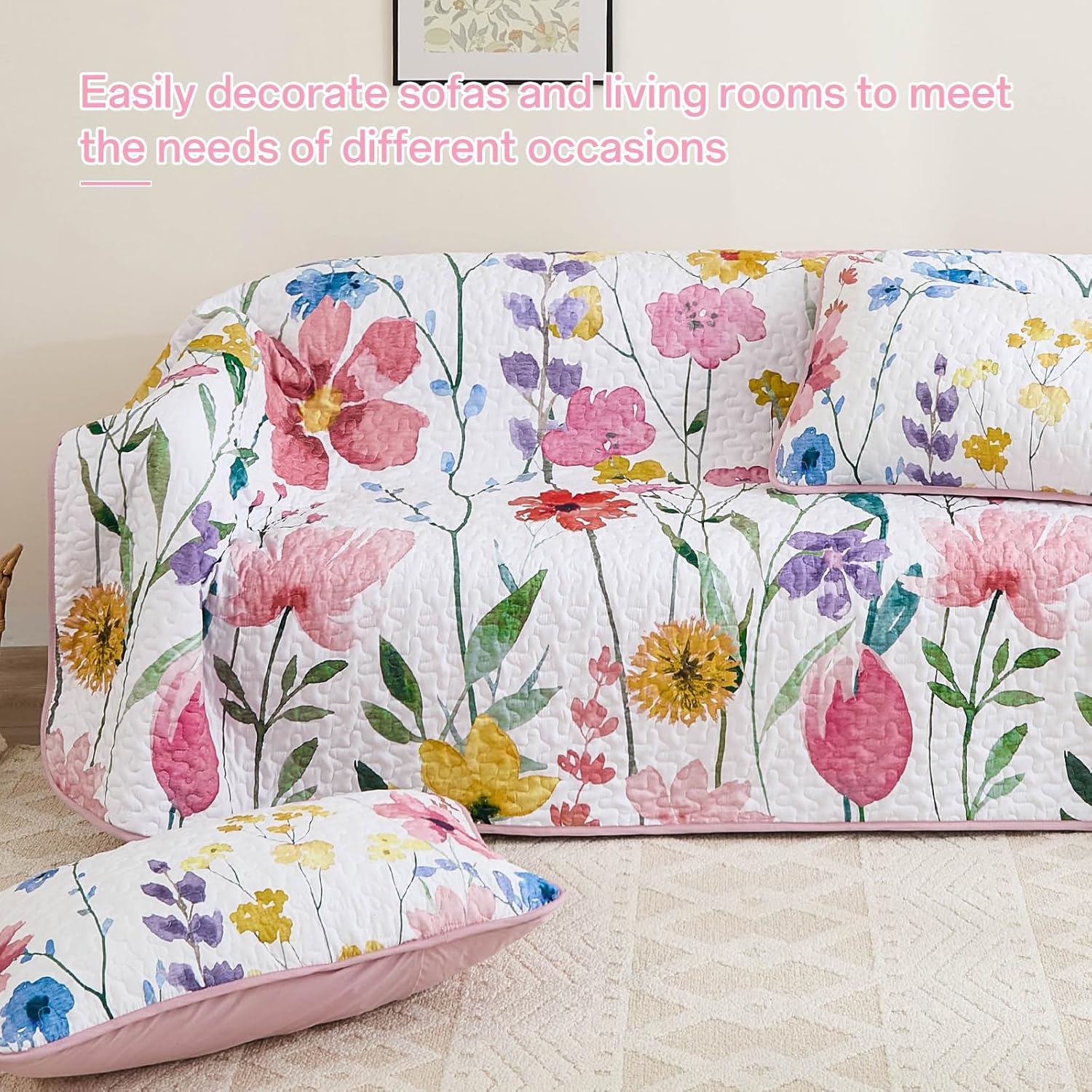 Anibedding Queen Quilt Set with Reversible Pink Floral Design