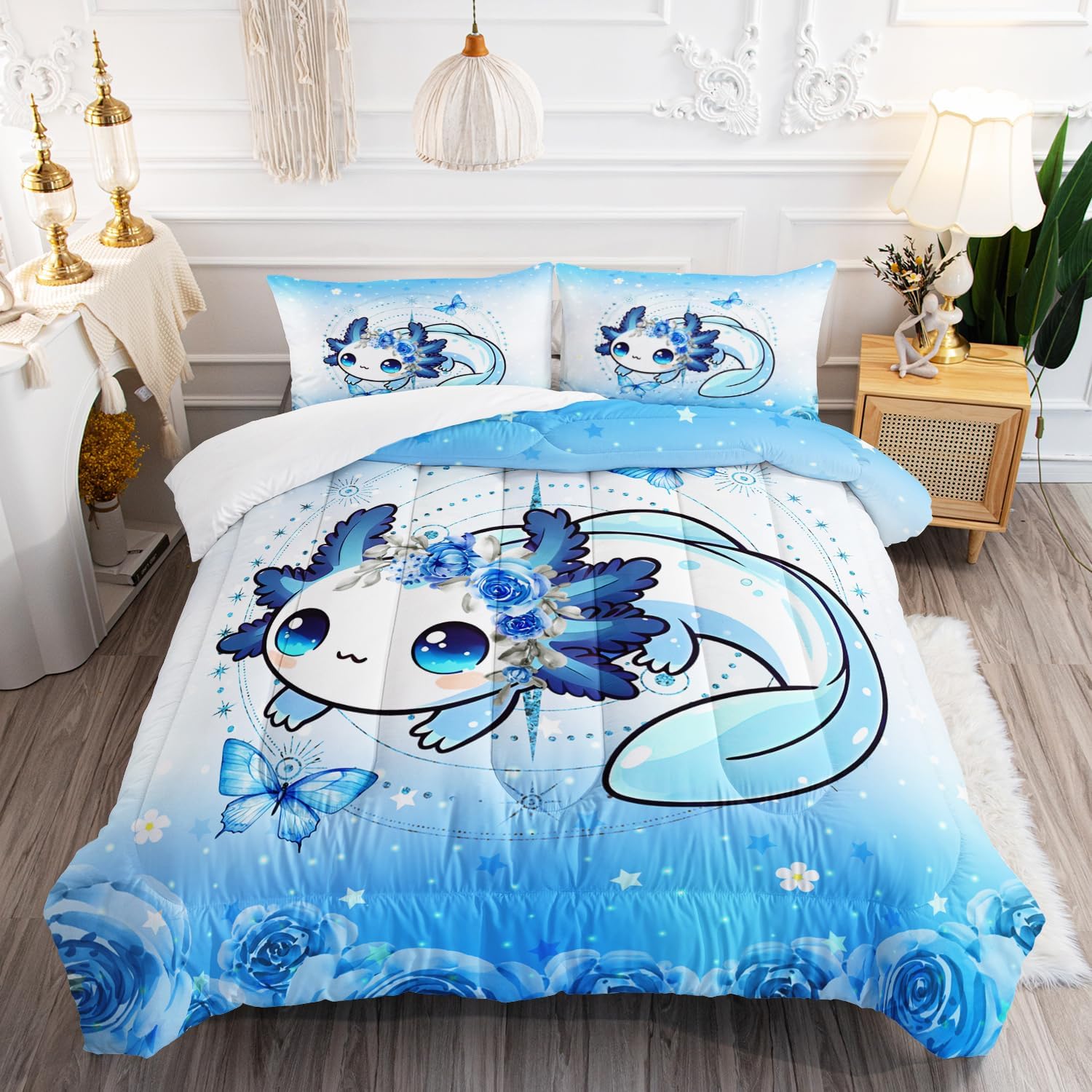 AILONEN Axolotl Comforter Set Queen Size Kawaii Blue Print Bedding