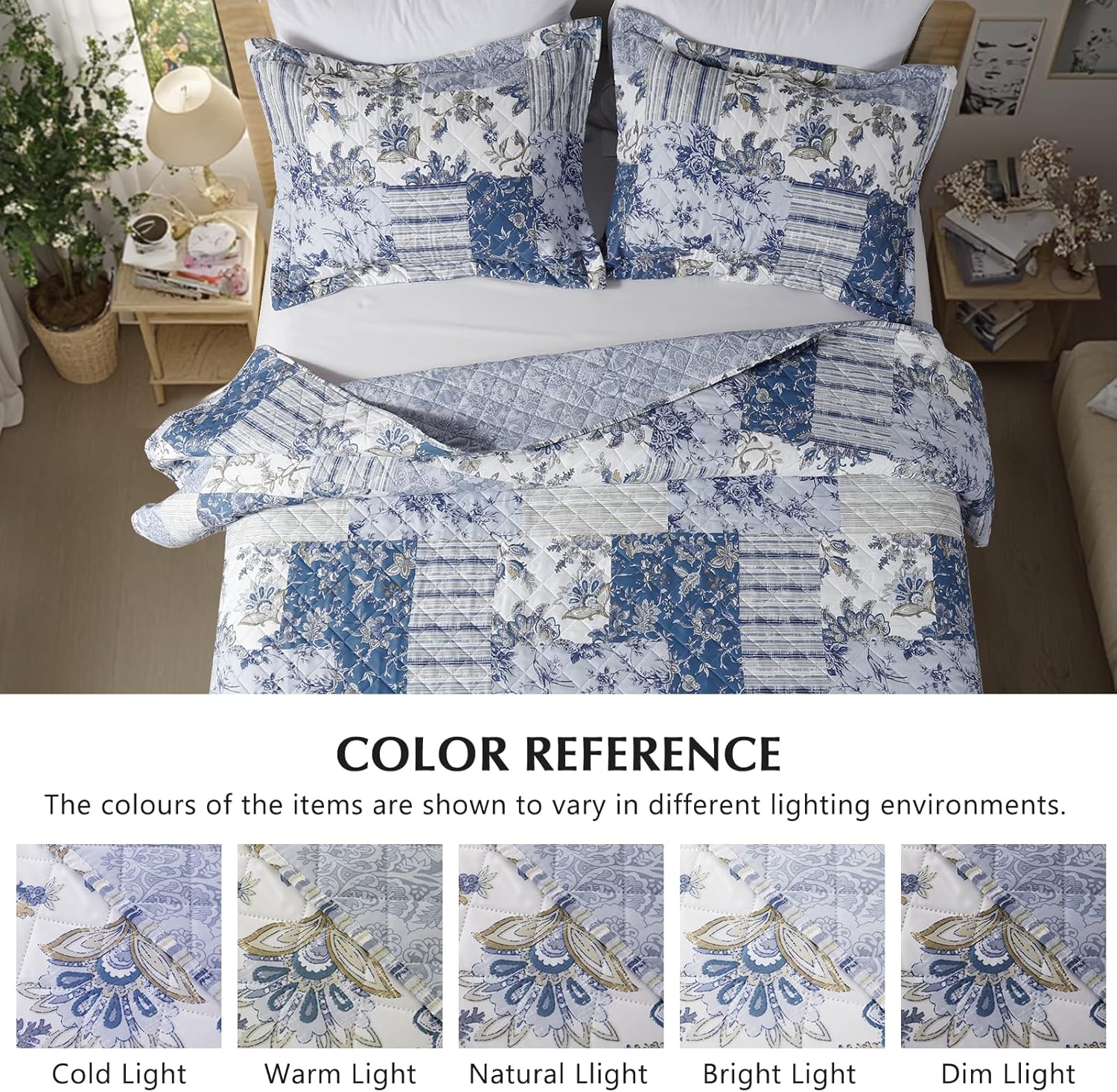 GOONE Blue Floral Quilt Set King Size Reversible Fade Resistant