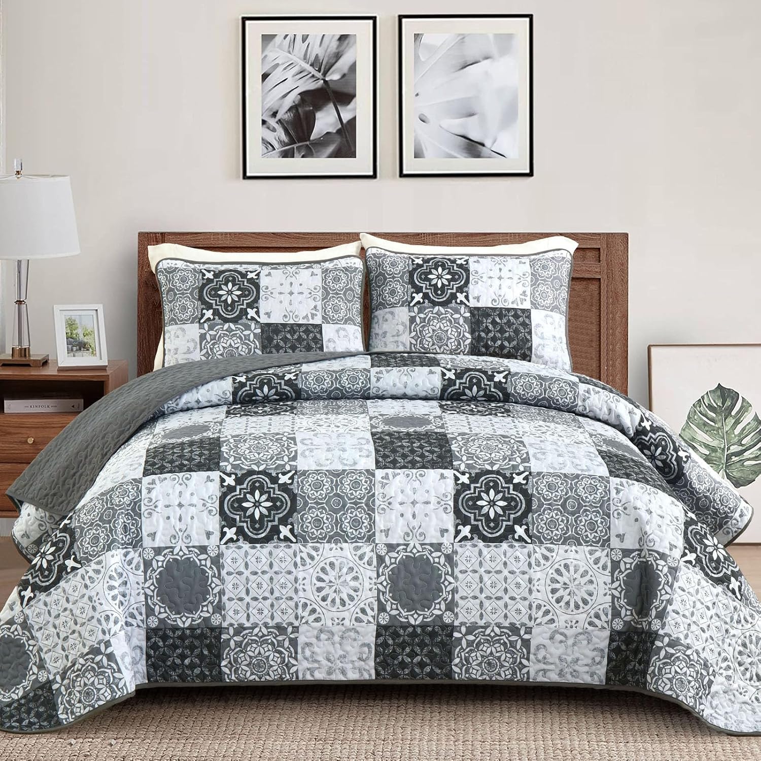 Dobuyly Boho Patchwork Cal King Quilt Set Grey Black 3-Piece Microfiber
