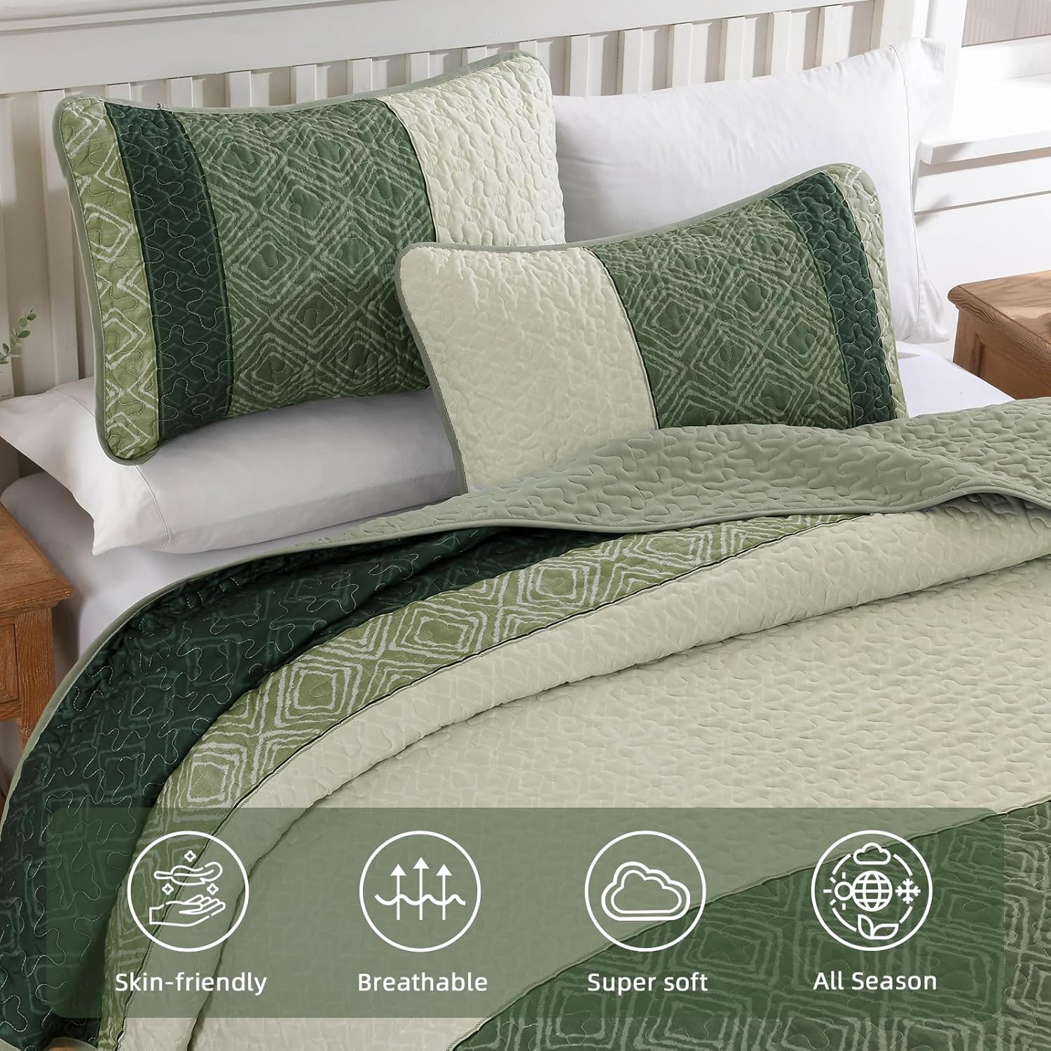 Cottolester Green Quilt Set Queen Size with 2 Pillow Shams