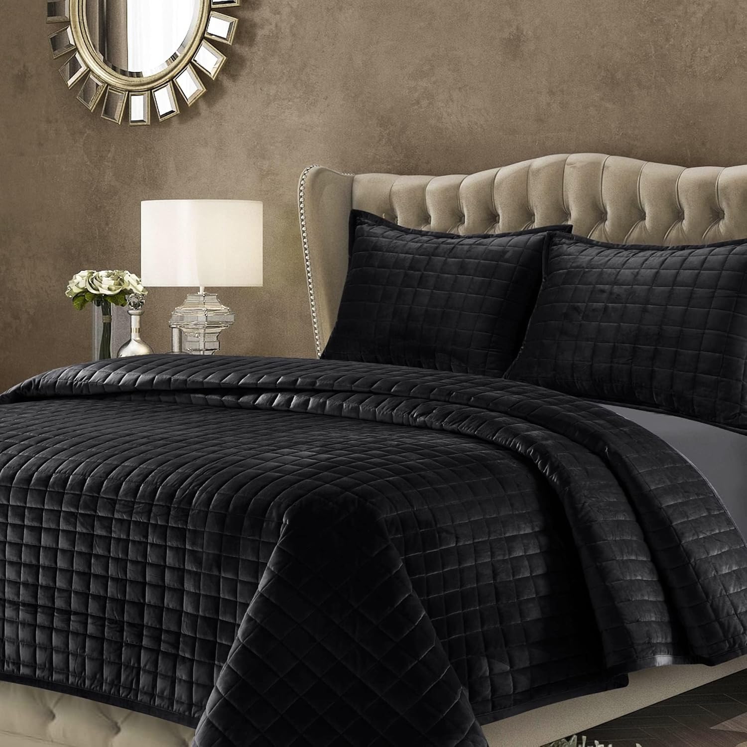 Tribeca Living Velvet Quilt Set Queen Black