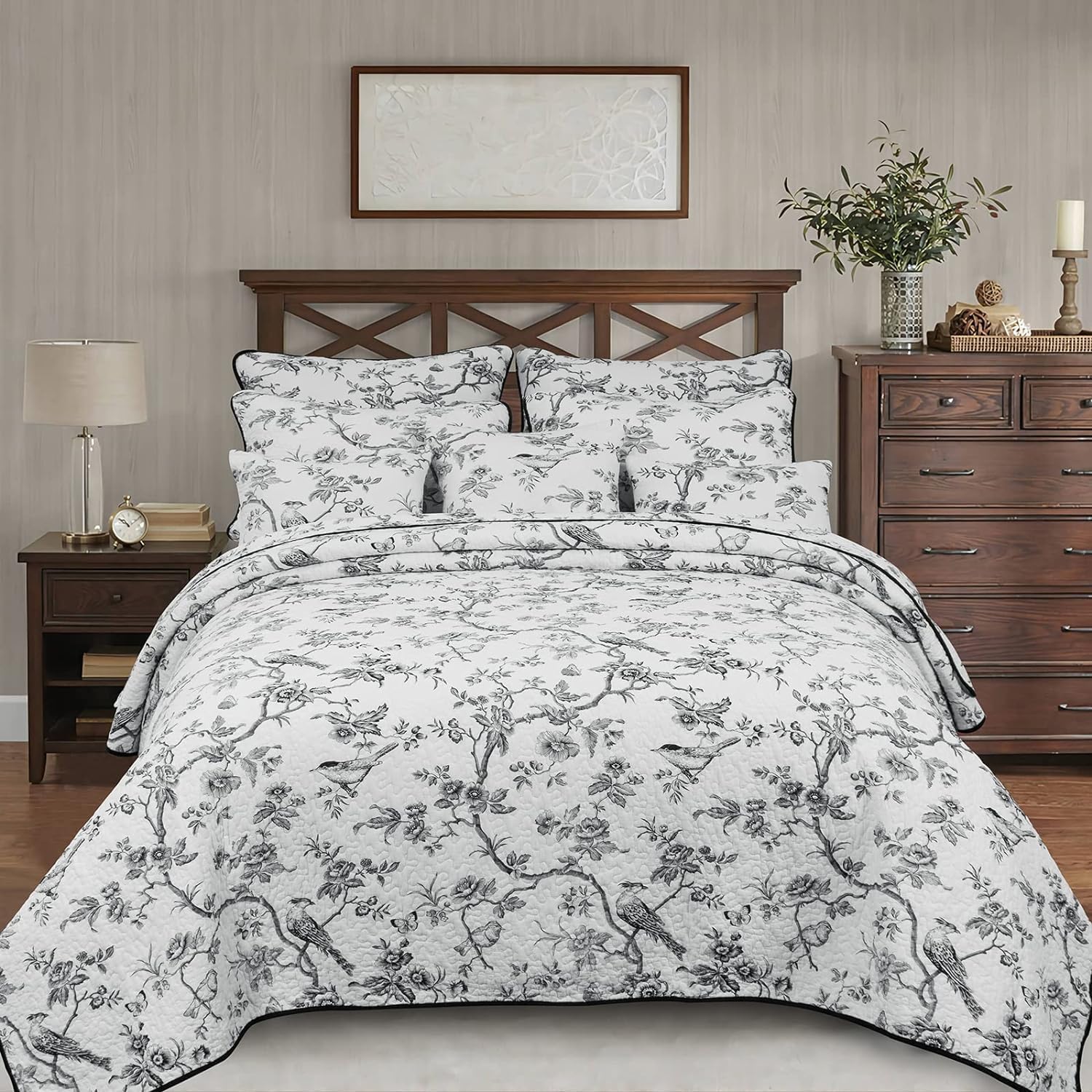 Evenhug 100 Cotton Reversible Quilt Set Queen Size Black Bird Pattern