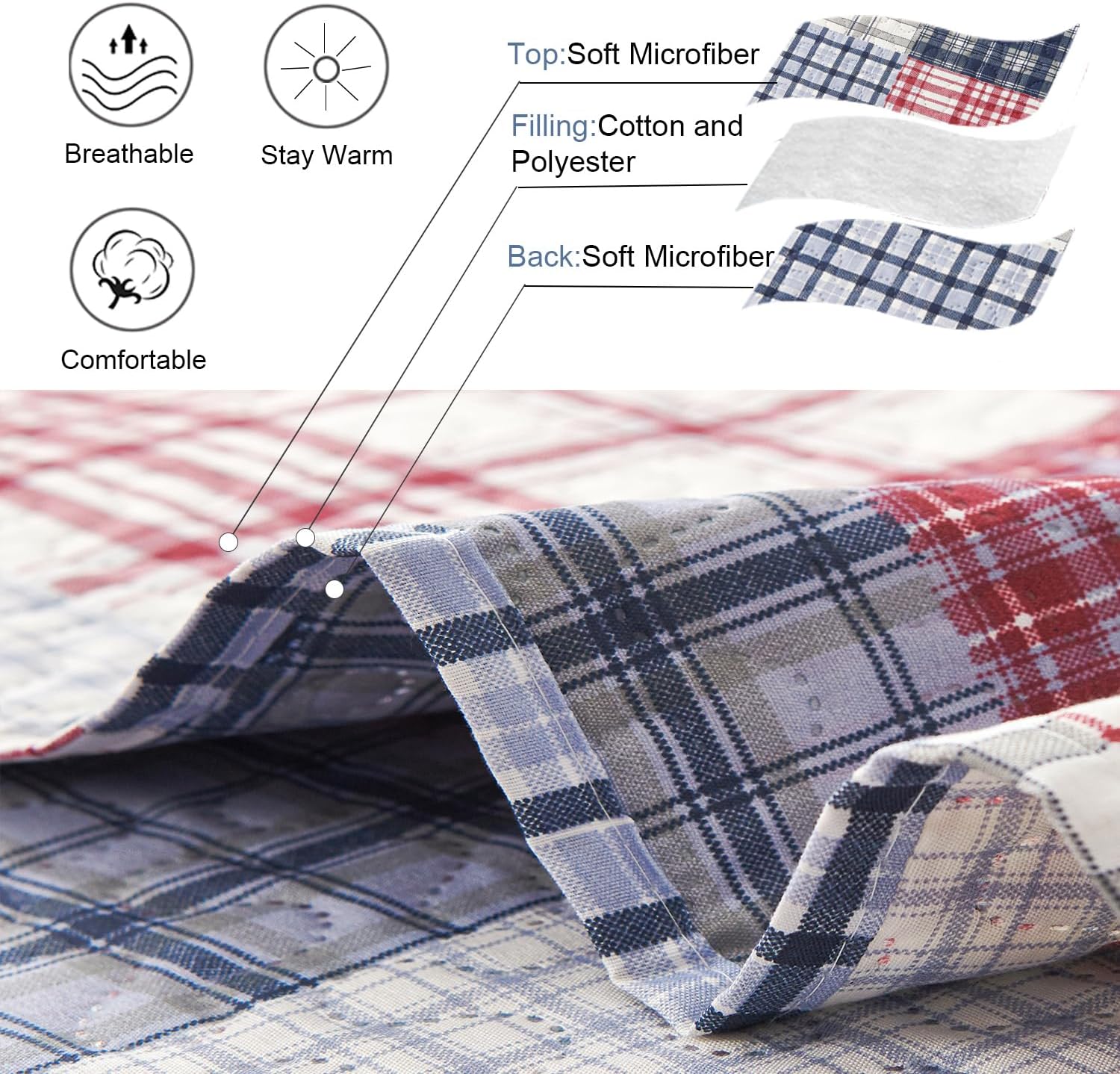 Ycosy King Size Plaid Quilt Set with 2 Pillow Shams 1