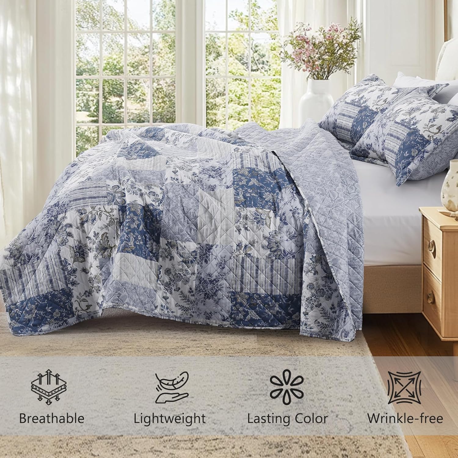 GOONE Blue Floral Quilt Set King Size Reversible Fade Resistant
