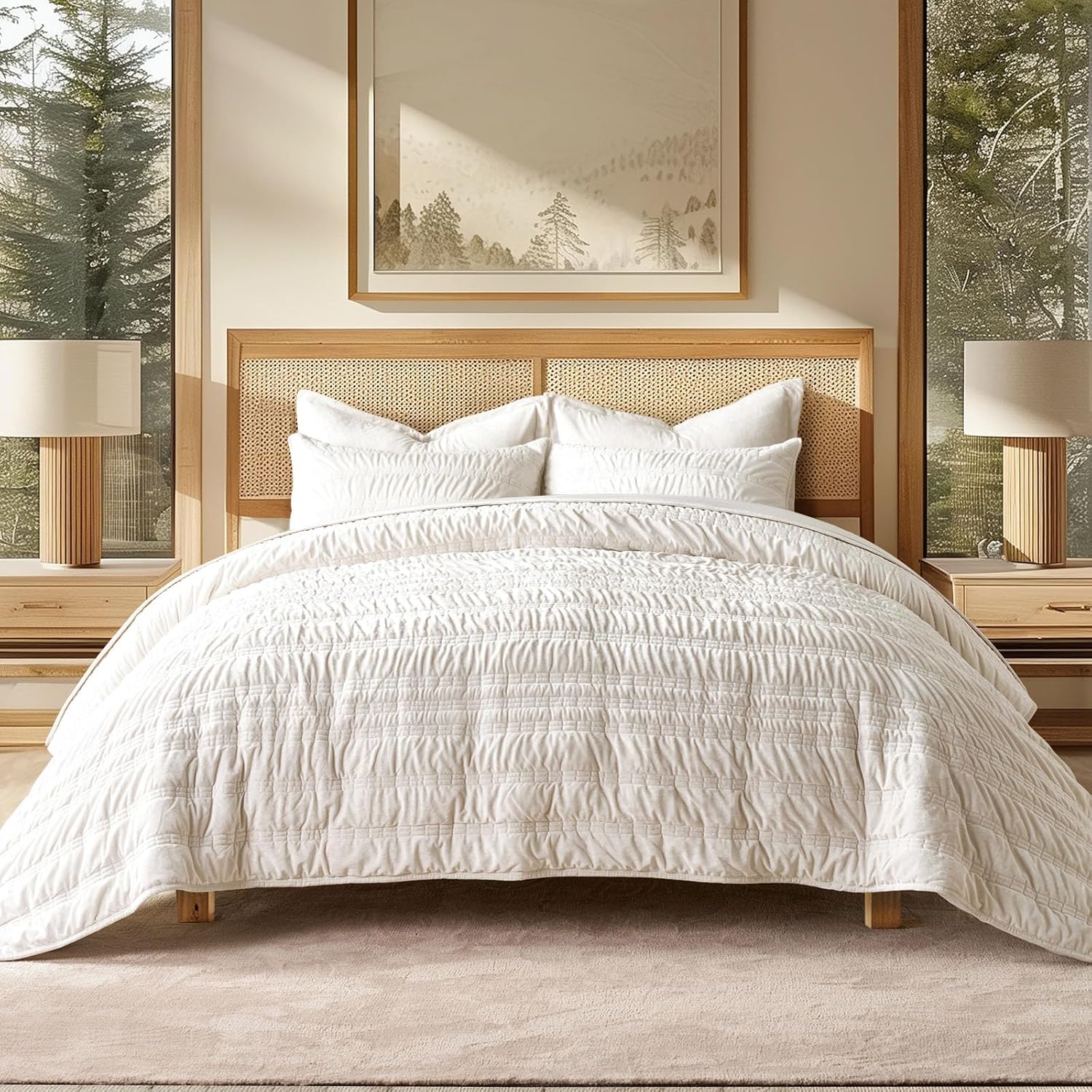 EVERGRACE Velvet Quilt Set Queen Size Ivory White 1