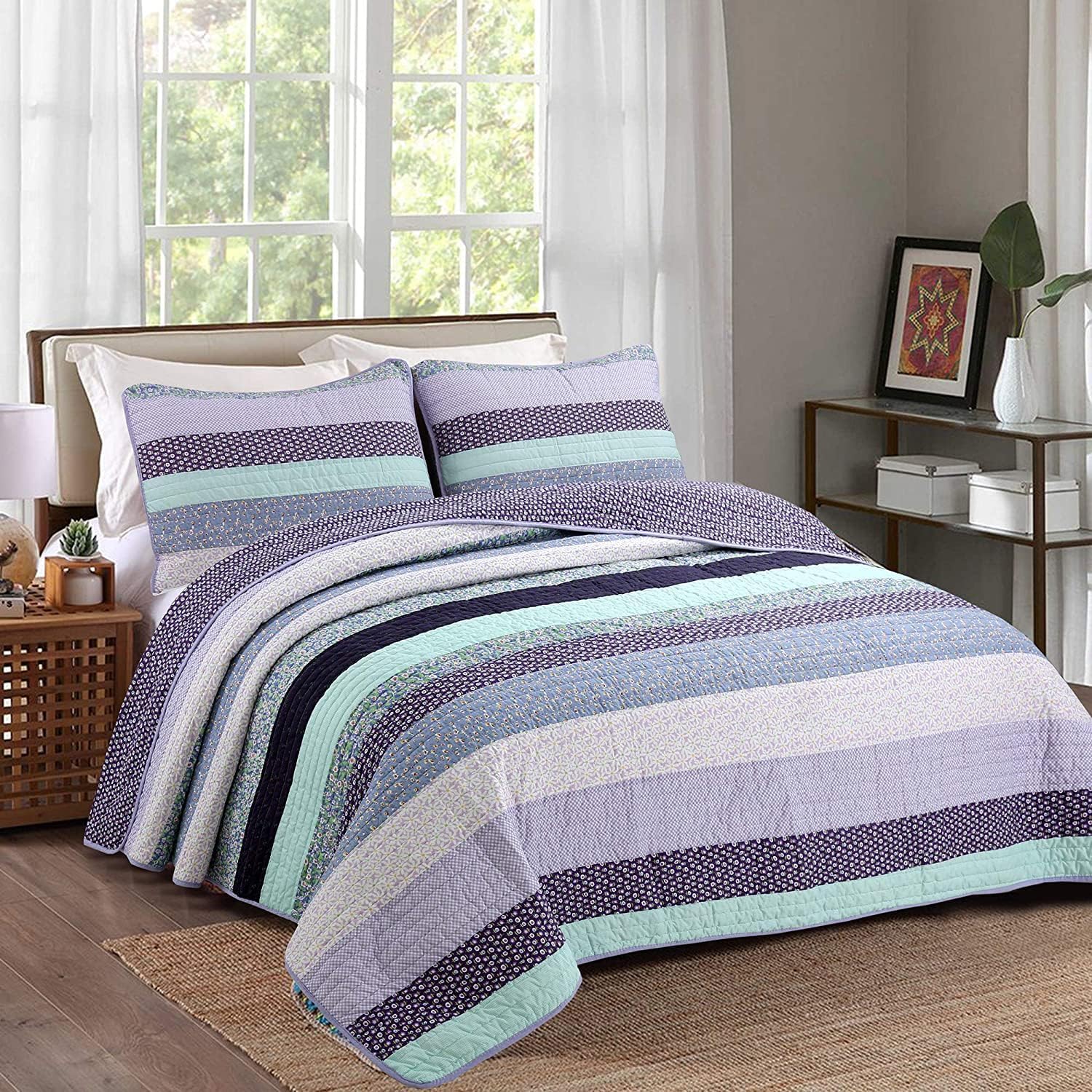 Cozy Line Lilac Stripe Reversible Quilt Bedding Set