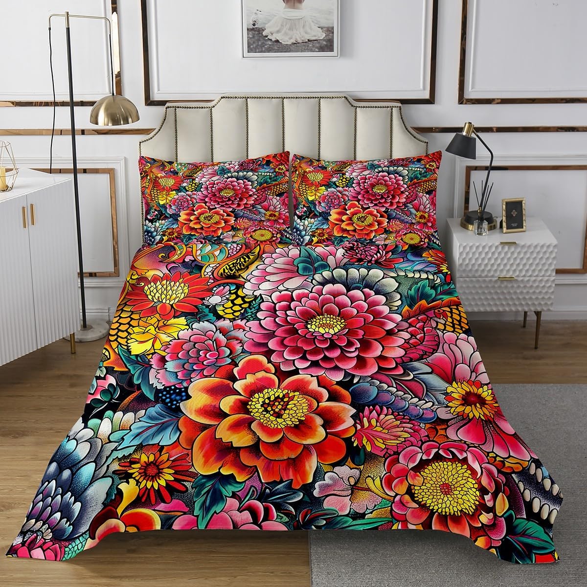 Erosebridal Boho Floral Quilted Bedspread Set