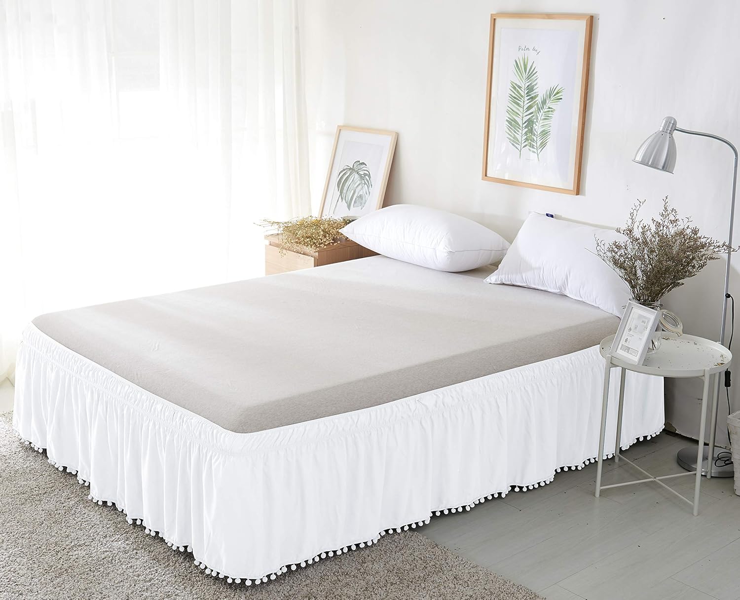 Luxury Top-Knot Tassel Pompom Fringe Bed Skirt 16inch Drop White