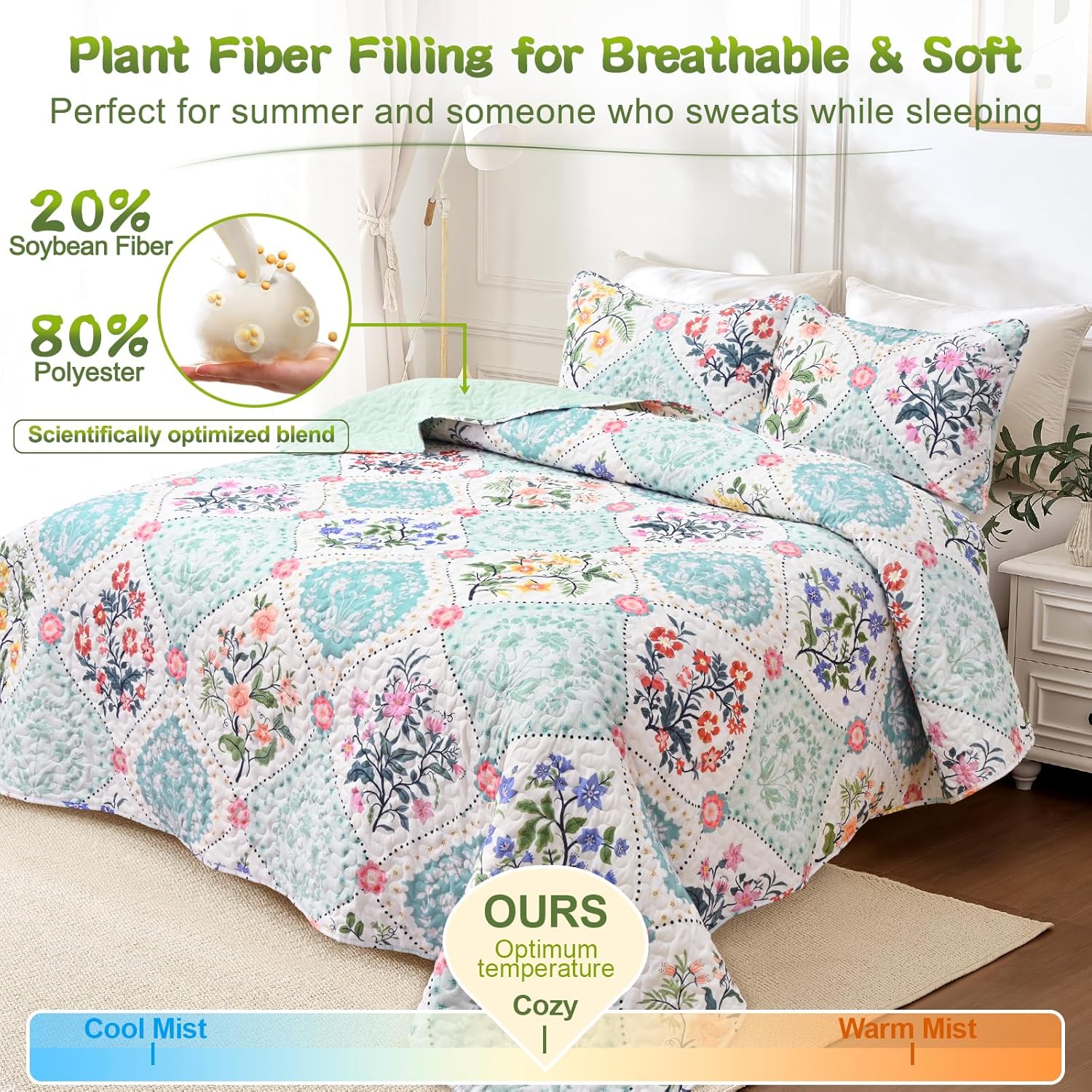Uspring Queen Size Soybean Fiber Quilt Set with Pillow Shams