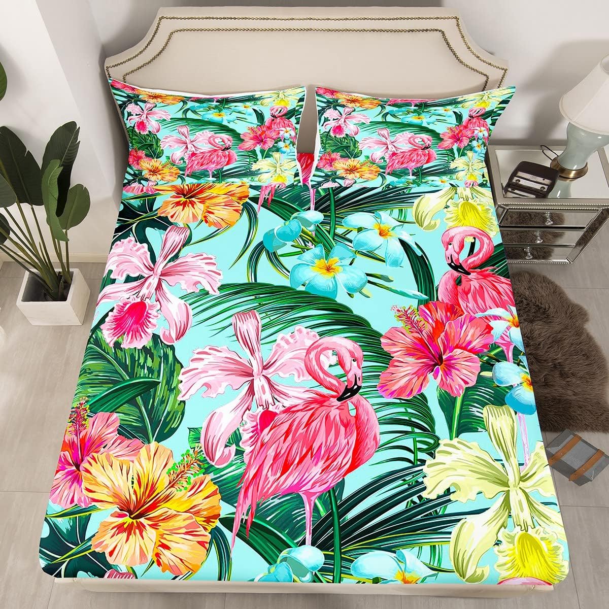 Erosebridal Pink Flamingo King Bed Sheet Set 4 pcs