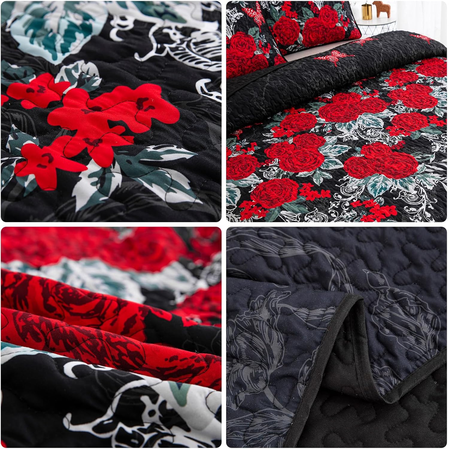 Yiran Black Floral Quilt Set King Size 3 Piece