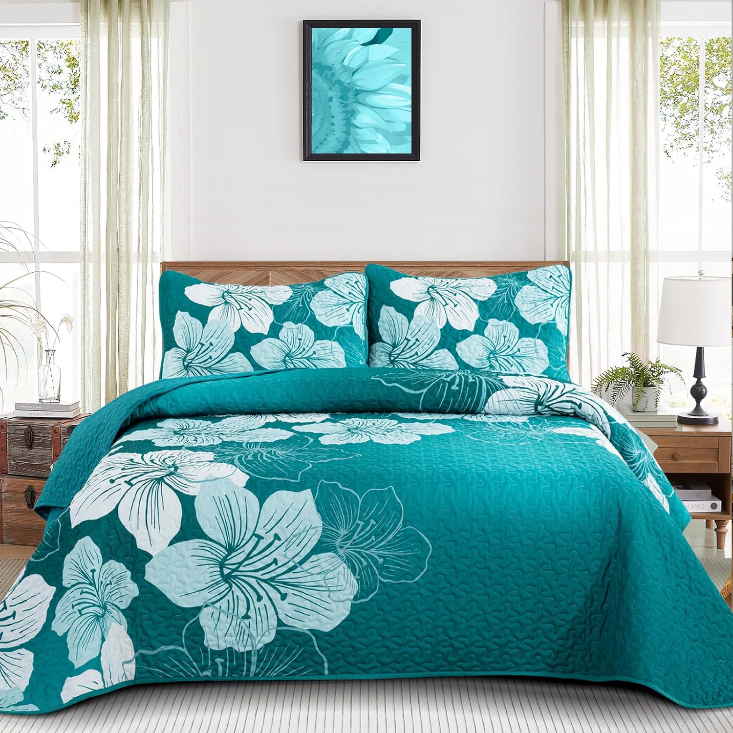 DJYO Gradient Green Floral Quilt Set 3 Piece