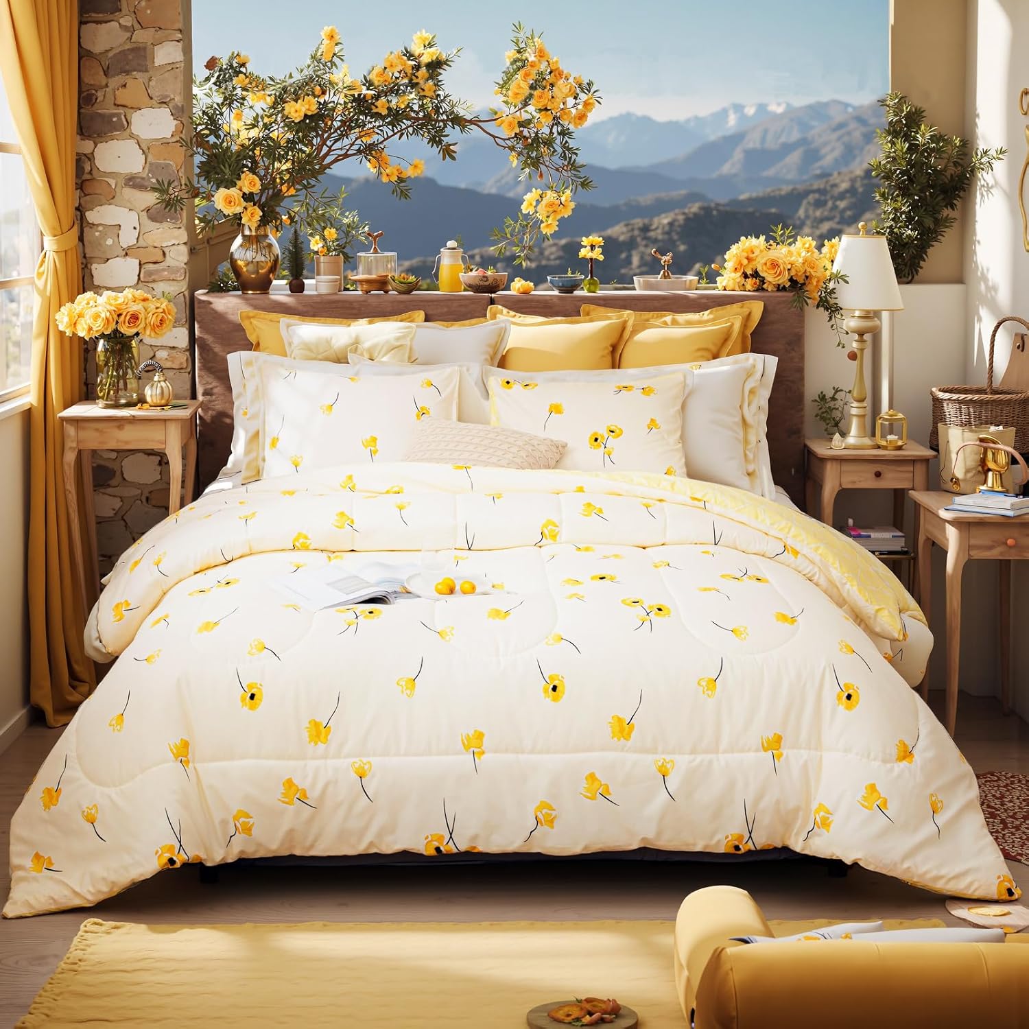 Bedorm Yellow Floral Comforter Set Twin Size