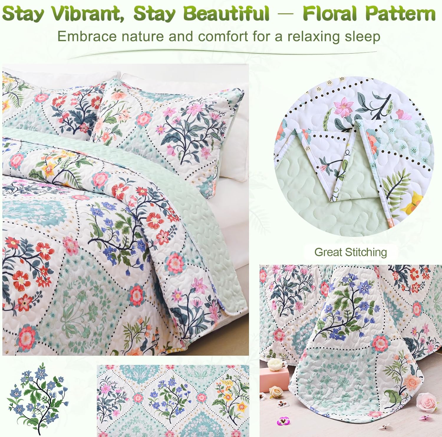 Uspring Queen Size Soybean Fiber Quilt Set with Pillow Shams