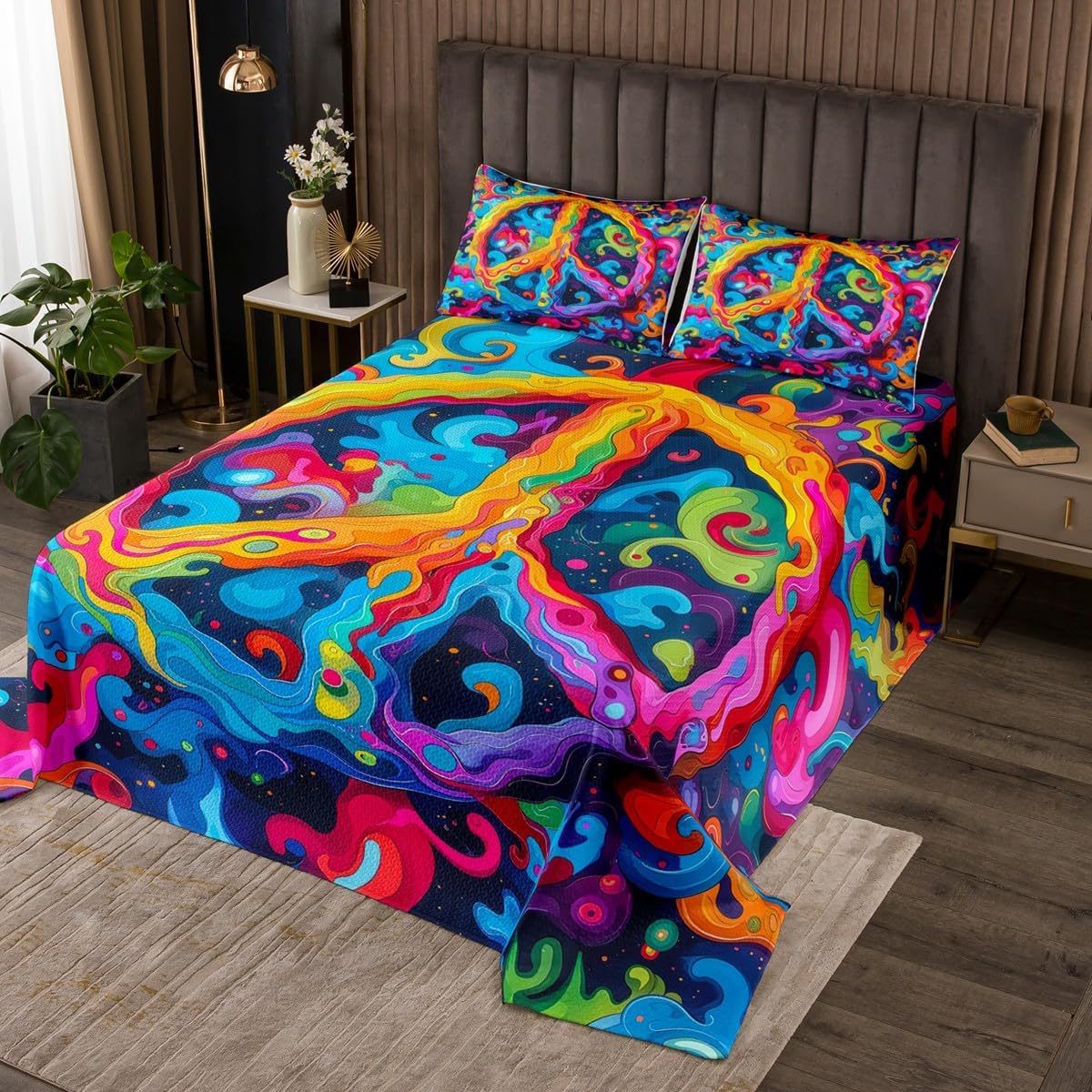 Erosebridal Tie Dye Bedspread Set Peace Sign 3D Bohemian Queen