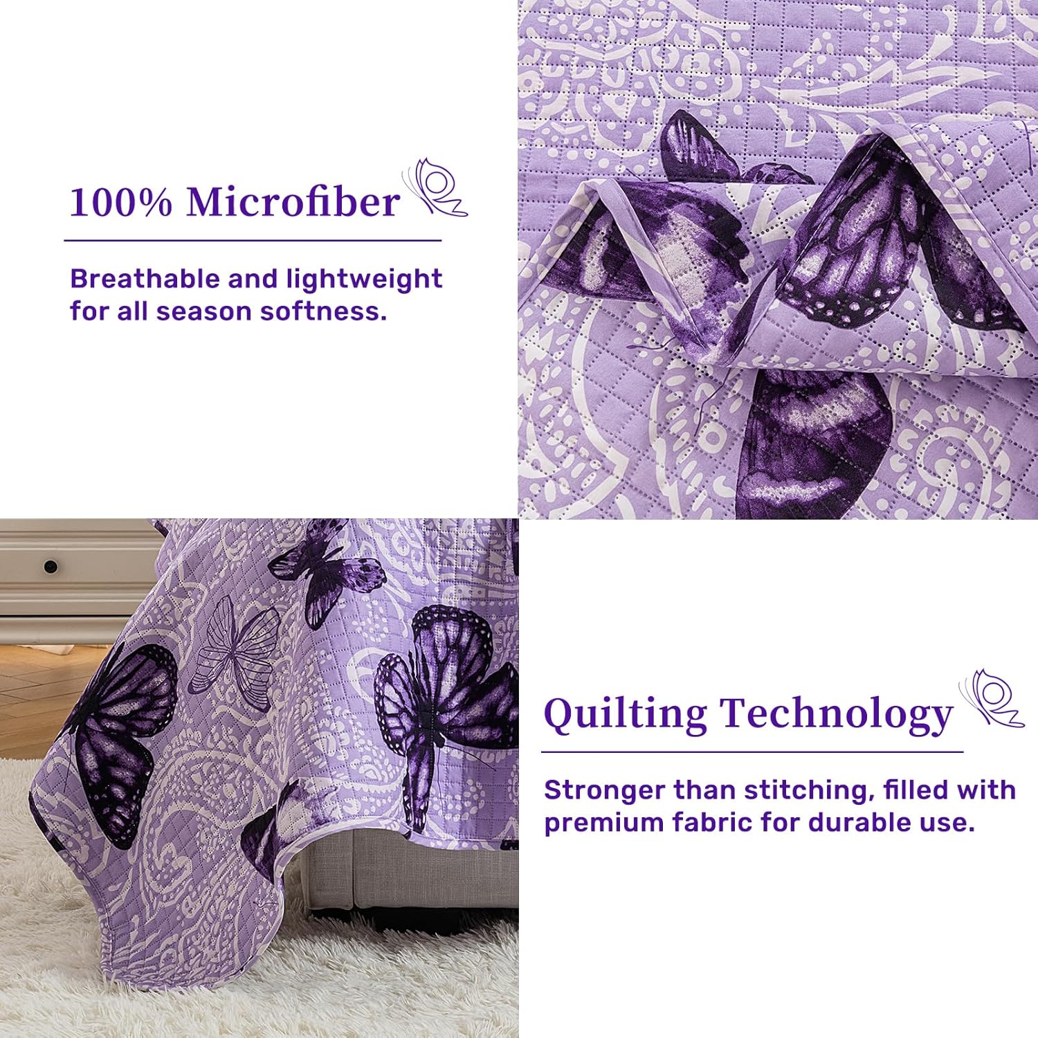 ARTALL Quilt Set 3-Piece Full Queen Size Paisley Butterfly Purple