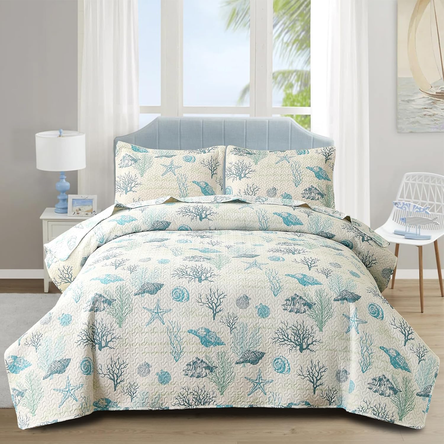 Junsey 3Pcs Ocean Theme Twin Quilt Set