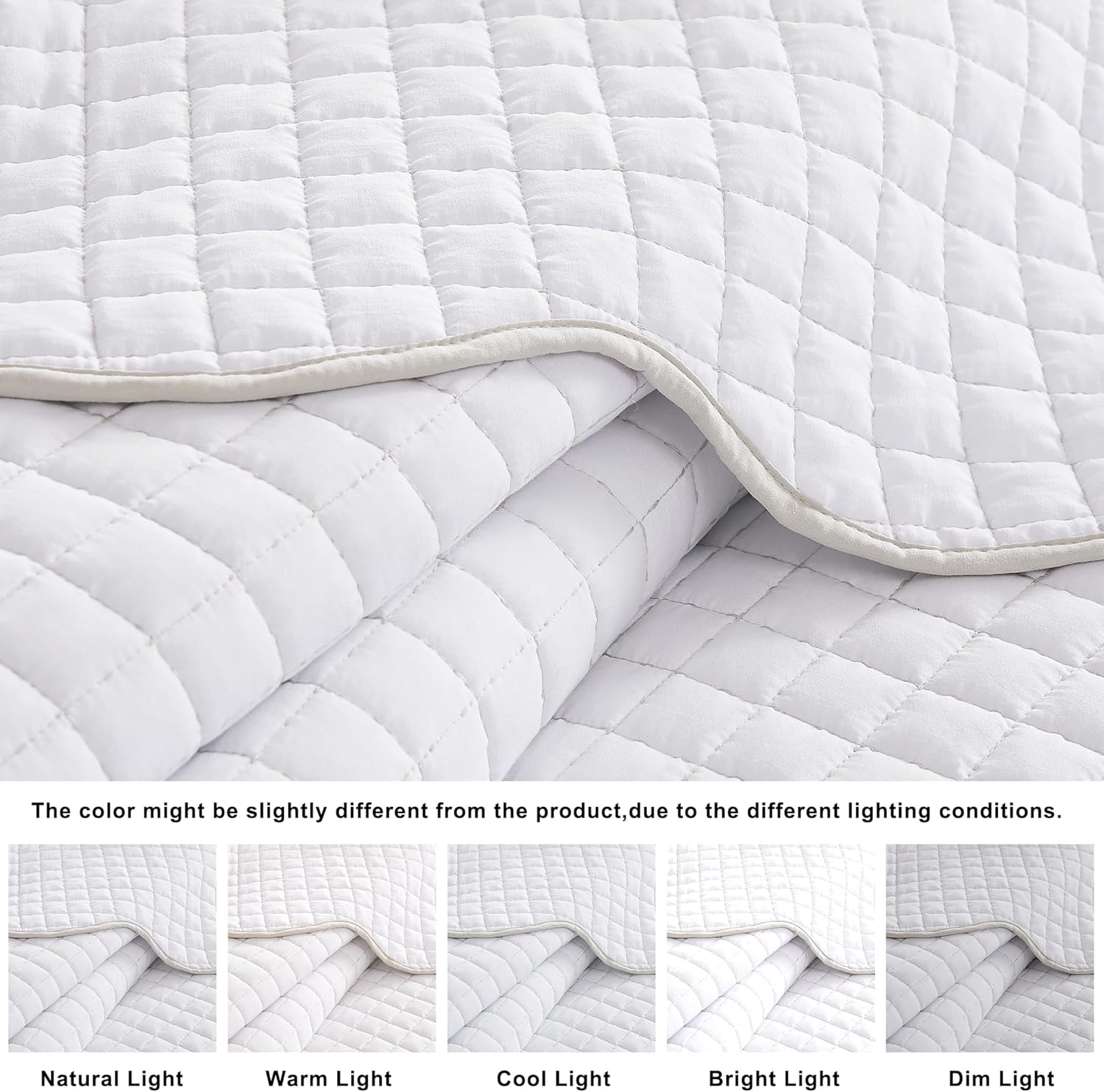 WDCOZY White Twin Quilt Bedding Set with Beige Scalloped Coverlet