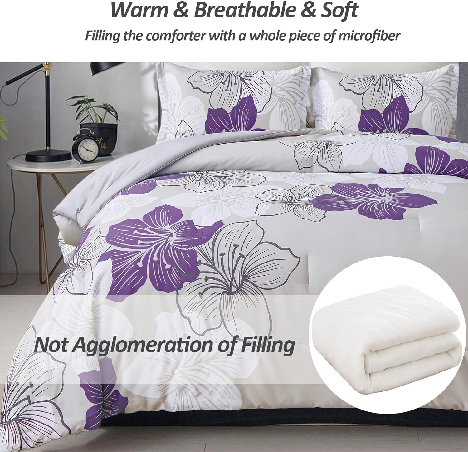 Menghomeus Purple Floral Comforter Set for California King