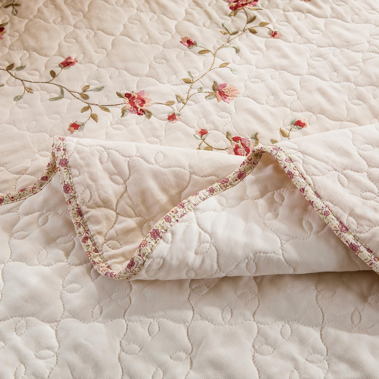 EAVD Floral Embroidered Quilt Set King Size Beige 3 Pieces