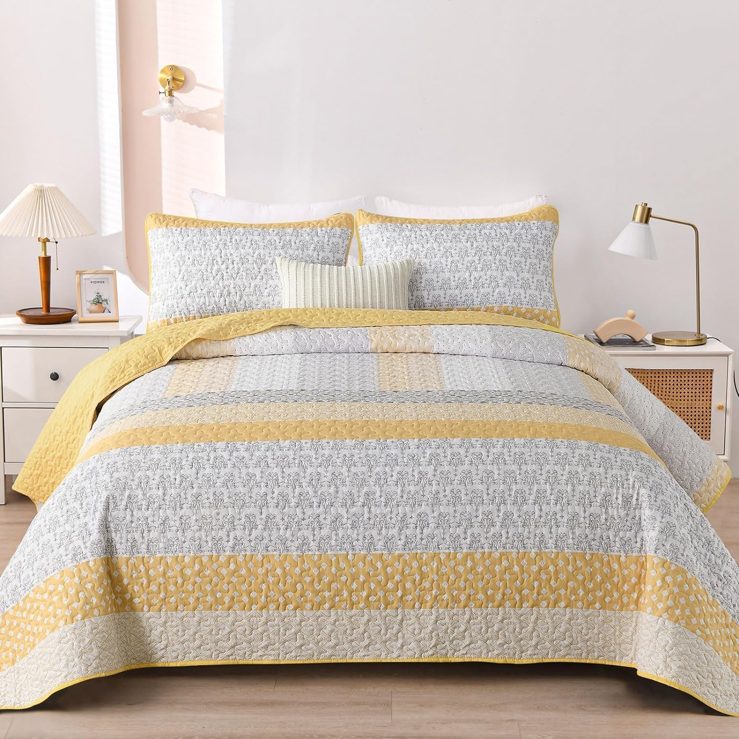WONGS BEDDING Boho Yellow Stripe Quilt Set Twin Size 2 Piece