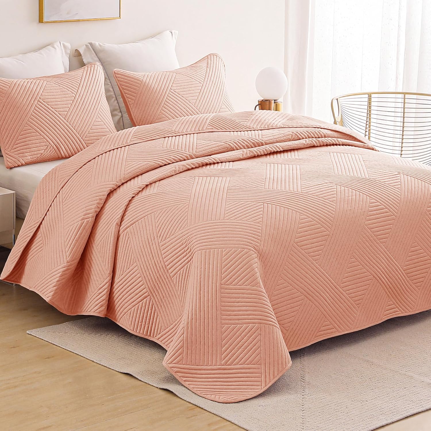 Whale Flotilla King Quilt Set with Embossed Pattern 96x104 Inches Pink